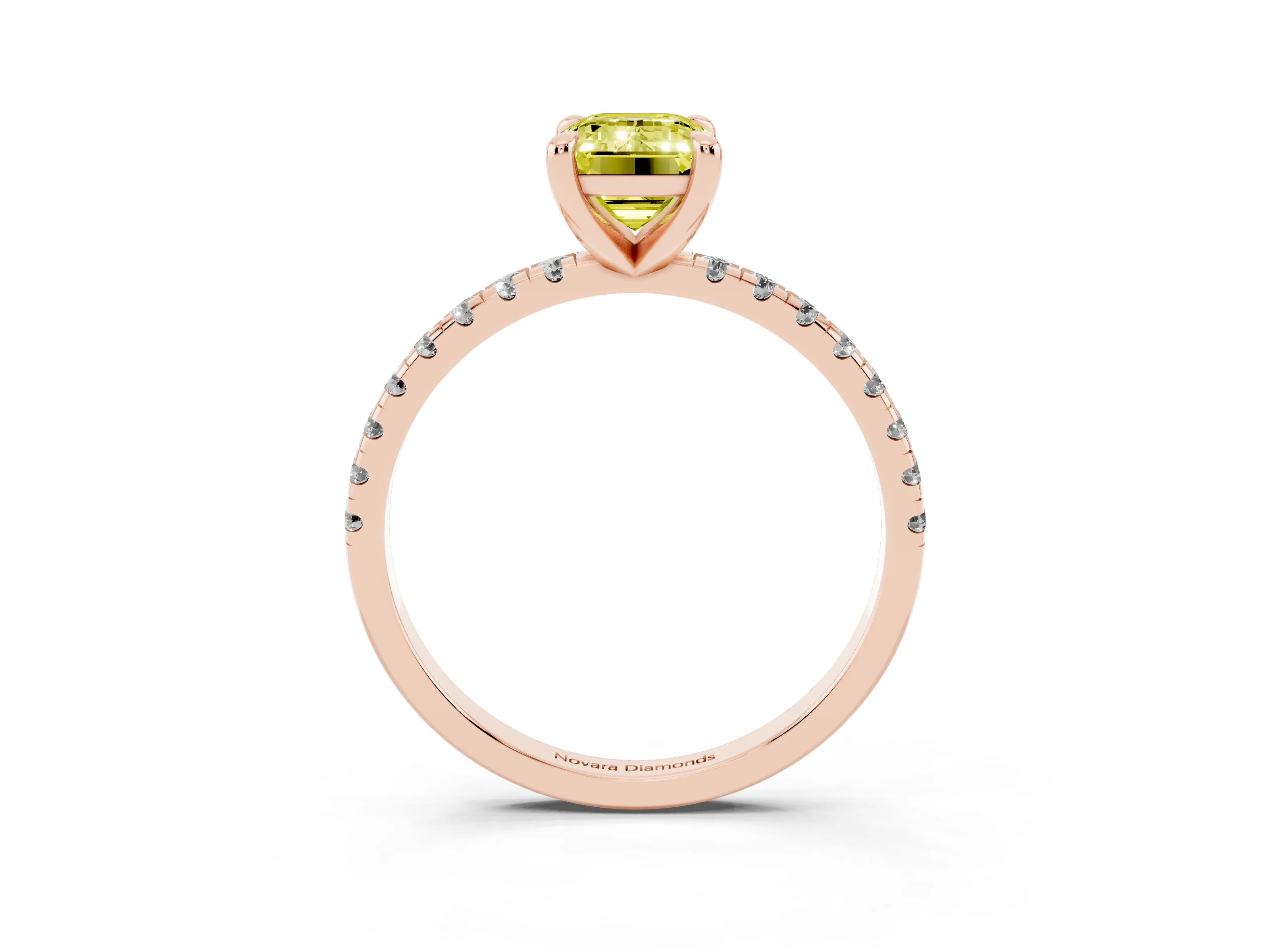 Fancy Yellow Emerald Cut Diamond Brilliant Solitaire Ring Set in Rose gold with Pavé Band and Prong Setting