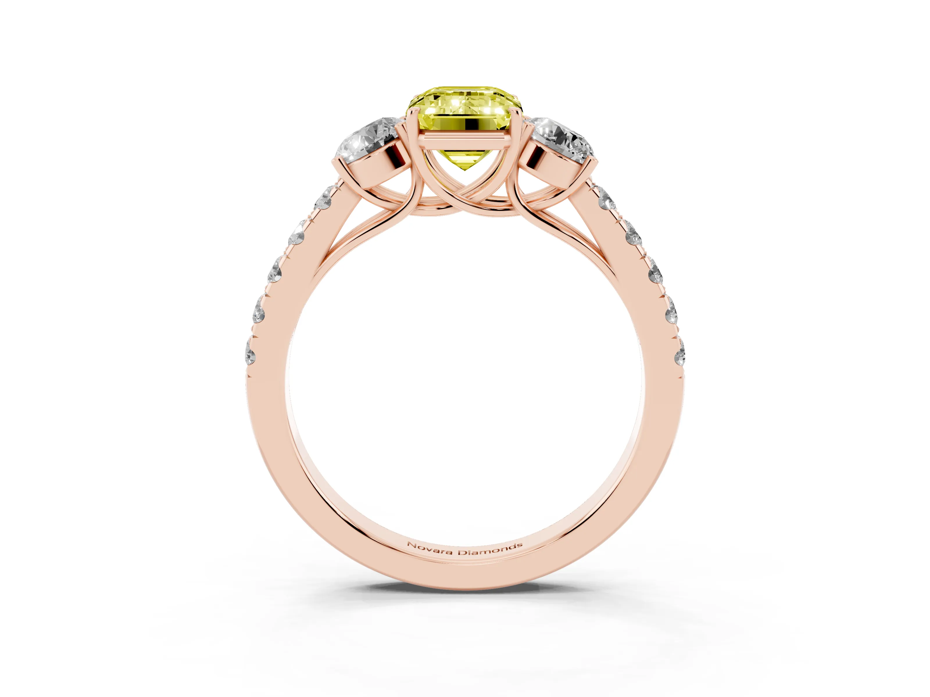 Fancy Yellow Emerald Cut Diamond Three-Stone Ring Set in Rose gold with Round Side Stones and Delicate Pavé Band