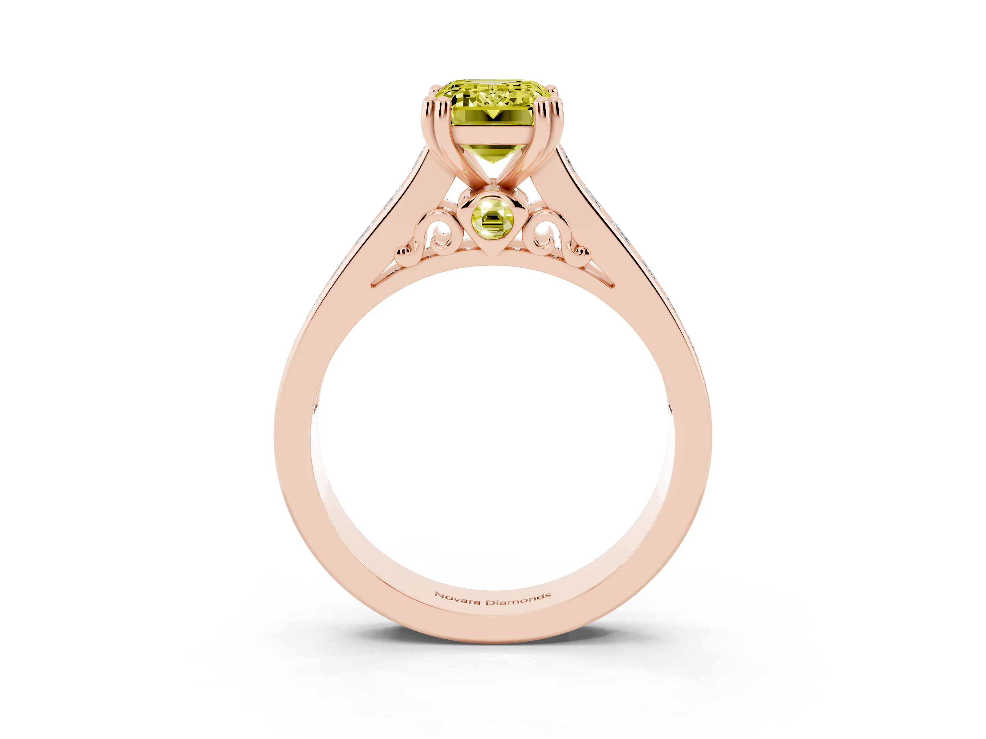 Fancy Yellow Emerald Cut Diamond Channel Set Solitaire Engagement Ring Set in Rose gold with Prong Setting