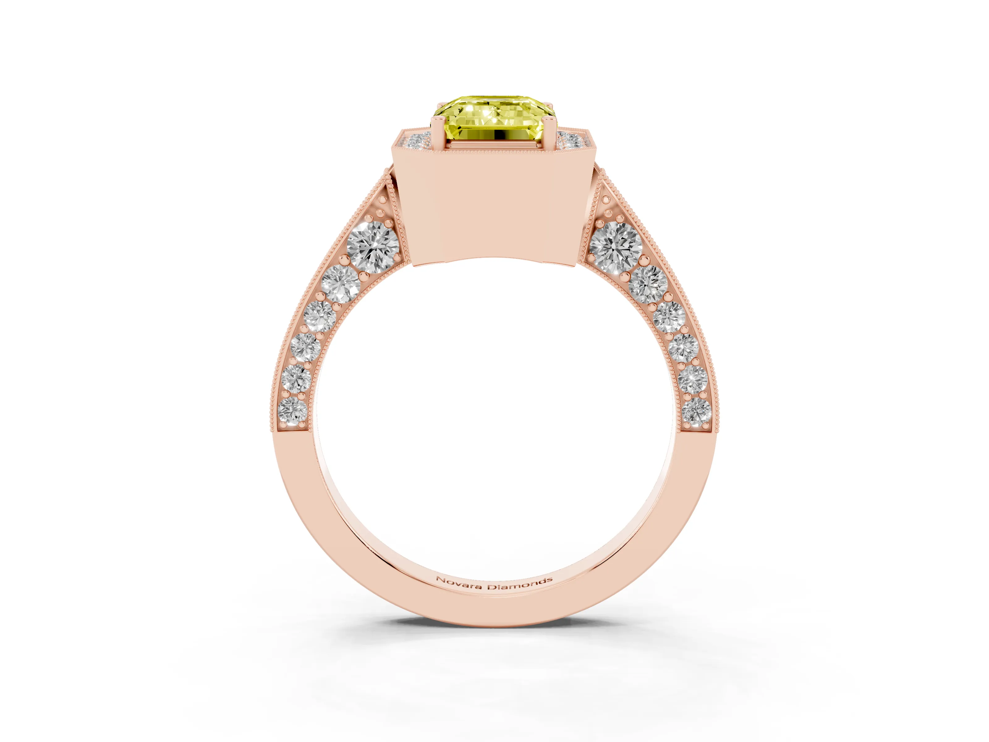 Fancy Yellow Emerald Cut Diamond Halo Engagement Ring Set in Rose gold with Accent Split Shank Band