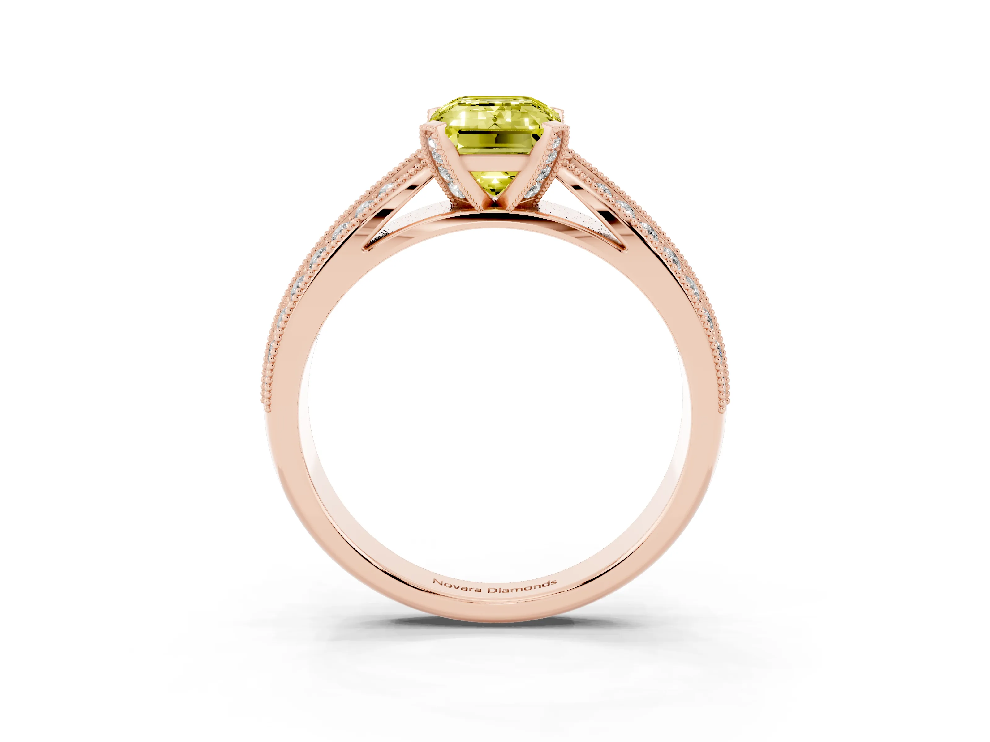 Fancy Yellow Emerald Cut Diamond Solitaire Ring Set in Rose gold with Milgrain Double Row Round Pavé Band