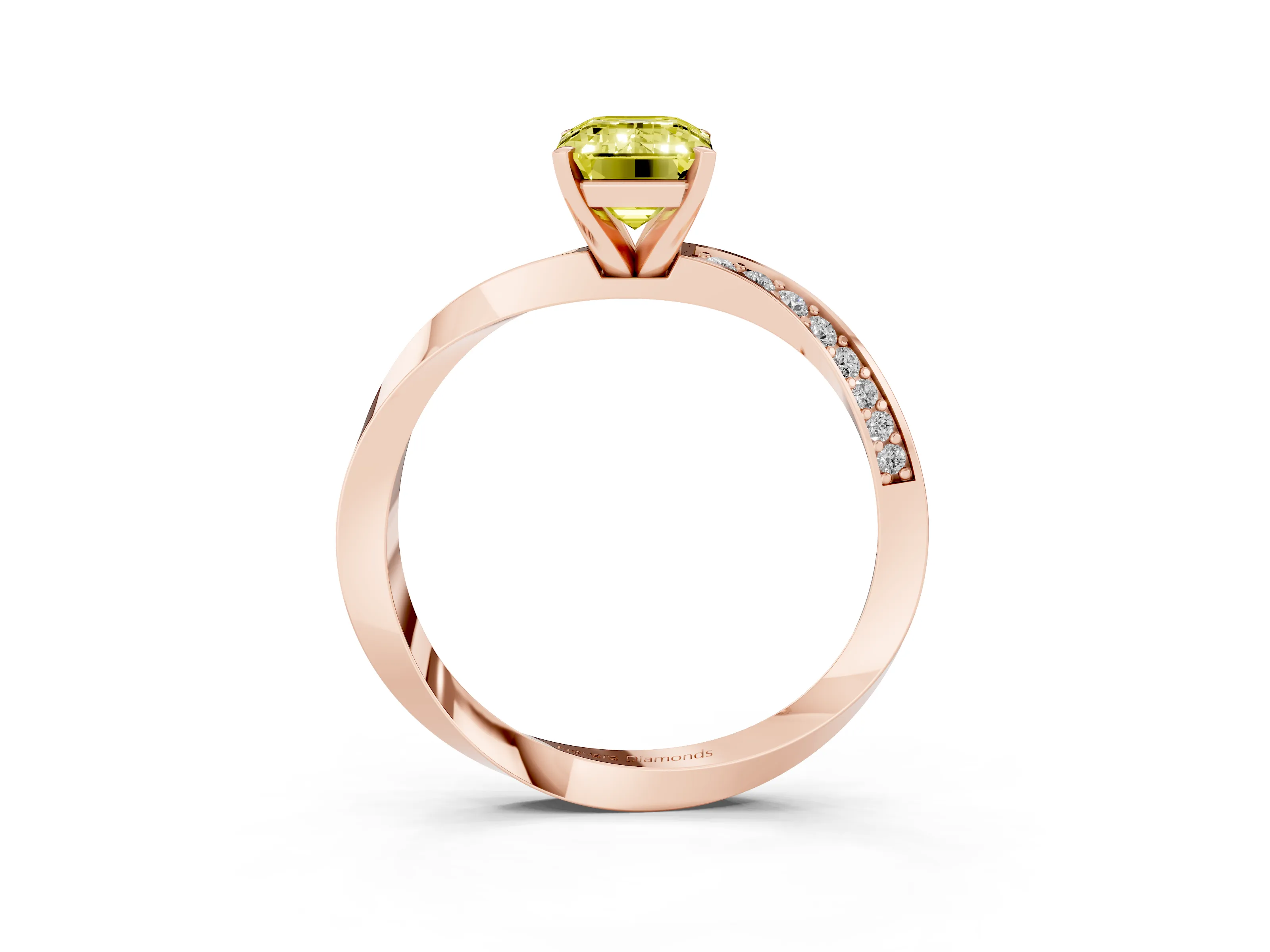 Fancy Yellow Emerald Cut Diamond Engagement Ring Set in Rose gold with Side Stone Accents and Prong Setting