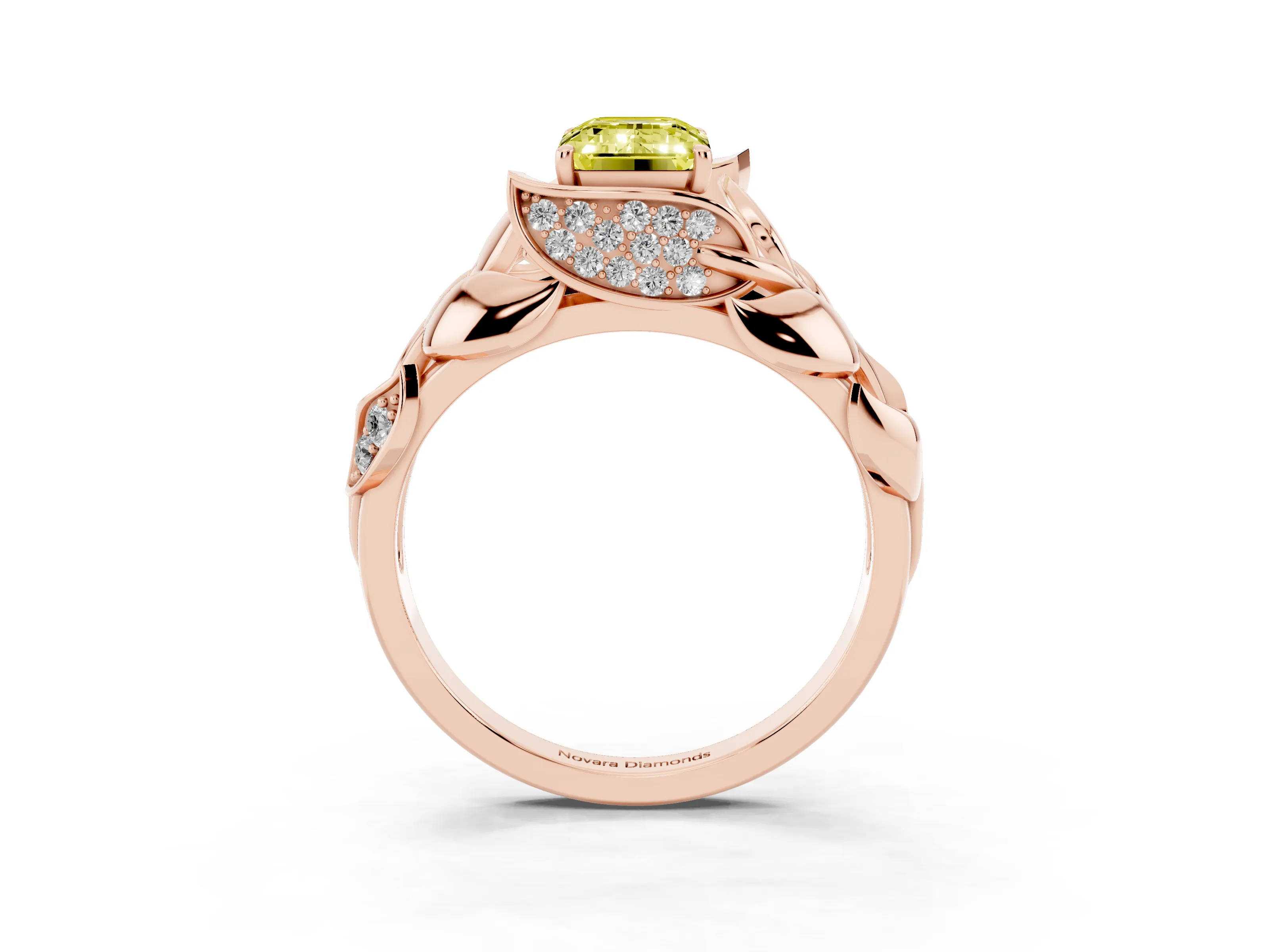 Fancy Yellow Emerald Cut Diamond Leaf-Inspired Engagement Ring Set in Rose gold with Round Accents