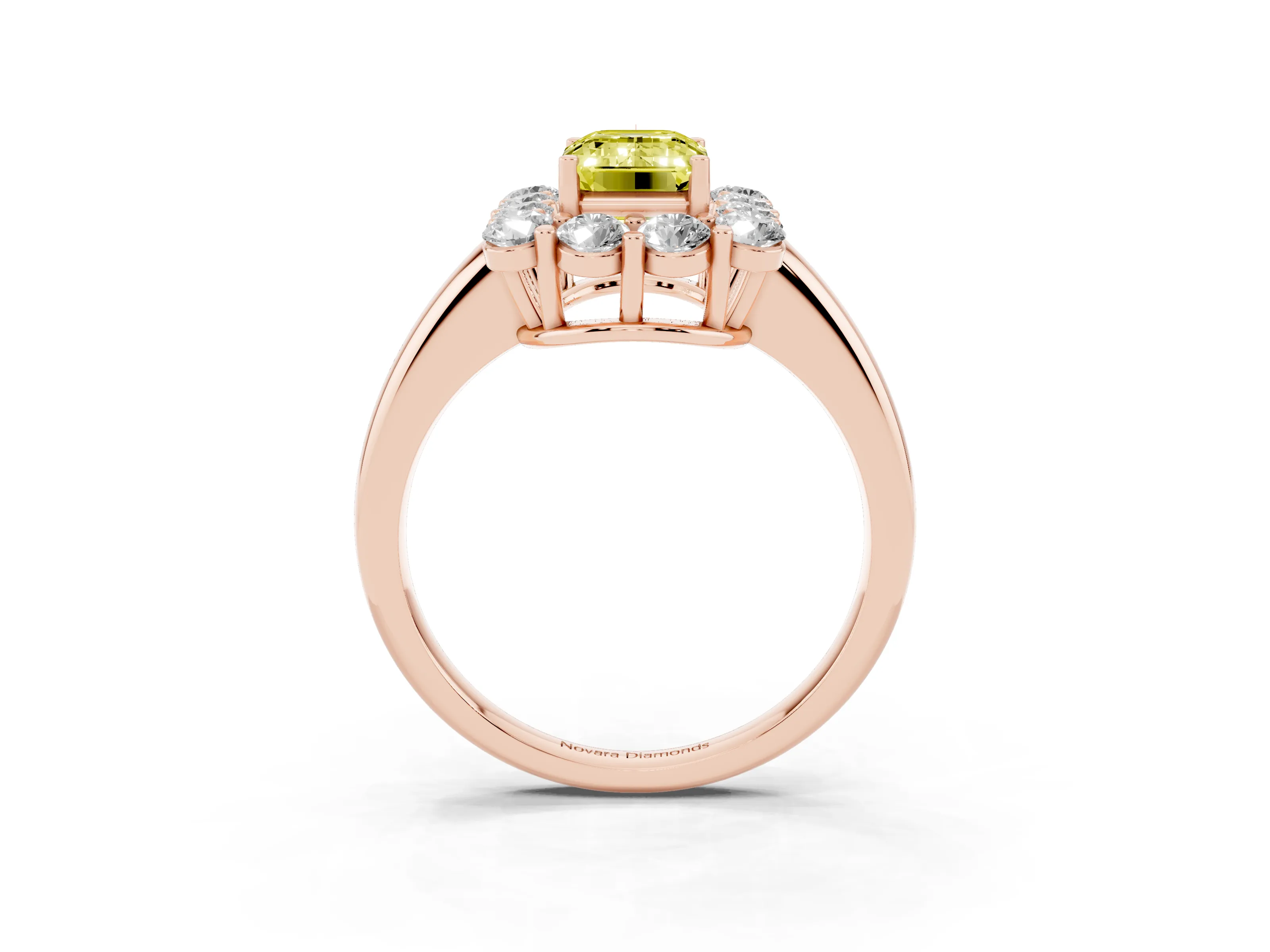 Fancy Yellow Emerald Cut Diamond Halo Cluster Engagement Ring Set in Rose gold with Polished Band and Prong Setting