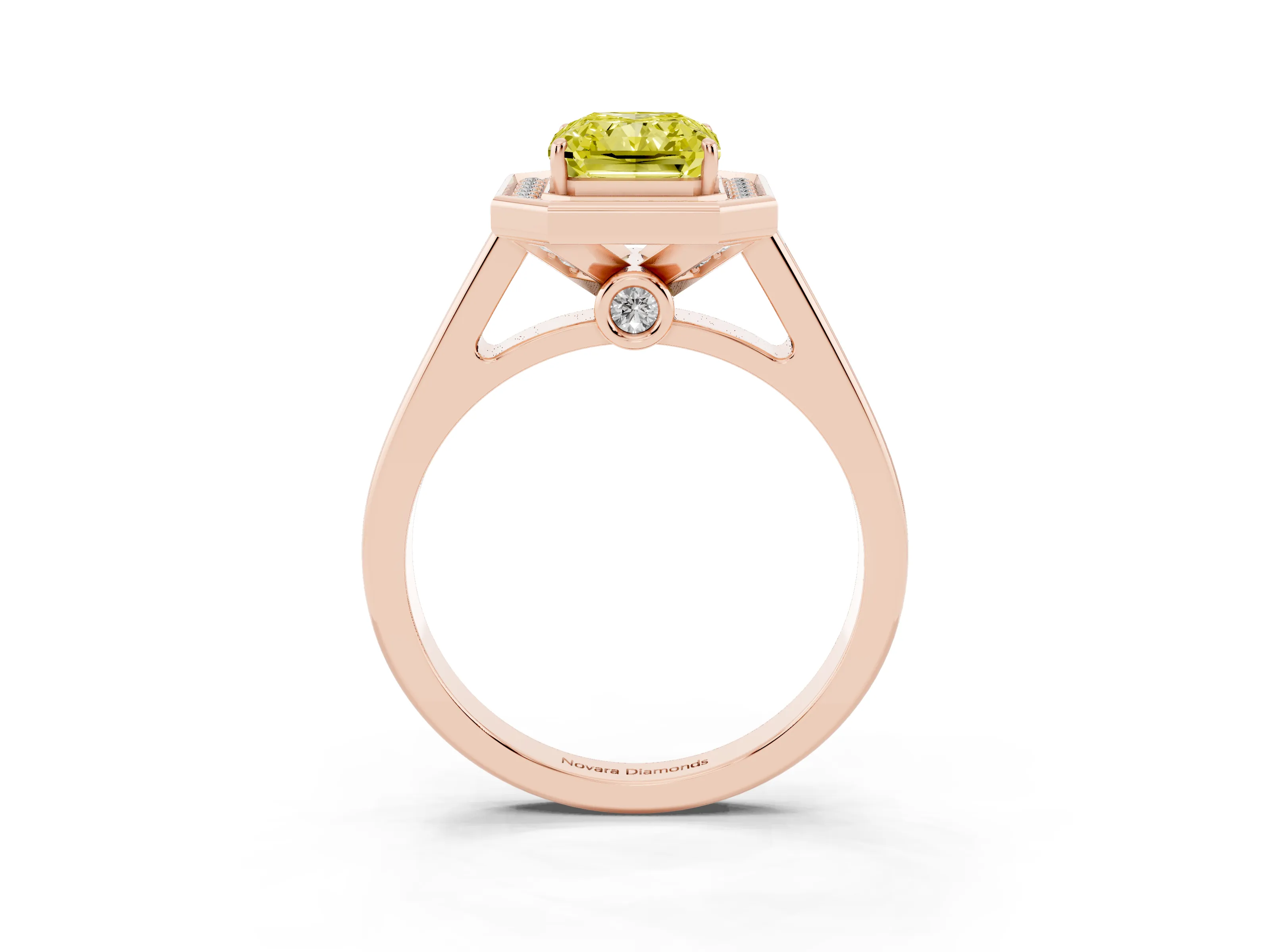 Fancy Yellow Emerald Cut Diamond Halo Solitaire Ring Set in Rose gold with Pavé Band and Bezel Setting