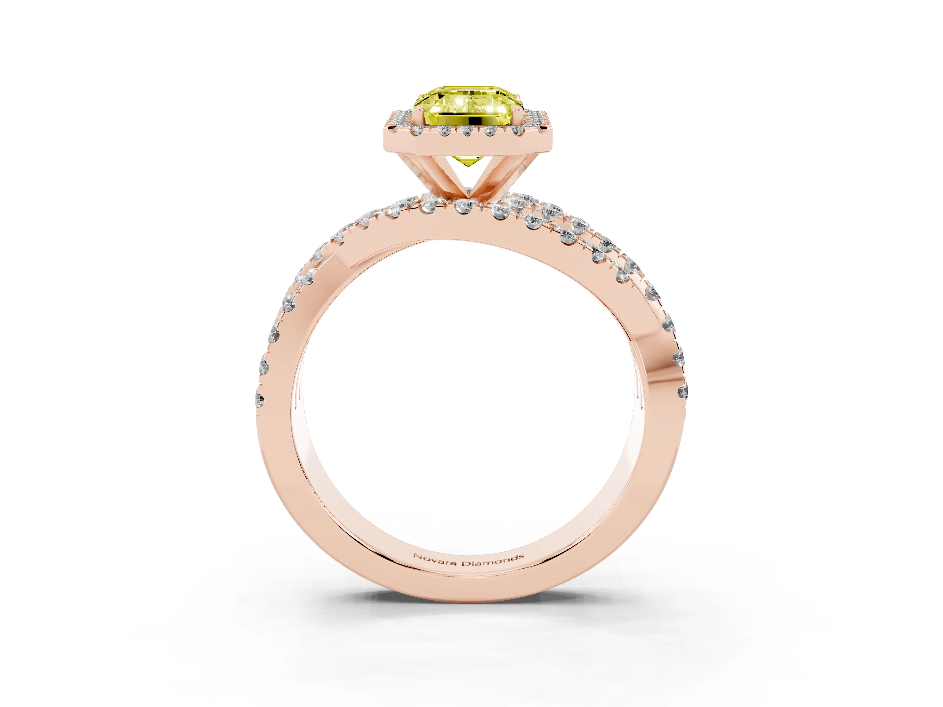 Fancy Yellow Emerald Cut Diamond Halo Ring Set in Rose gold with Round Crossover Split Shank and Prong Setting