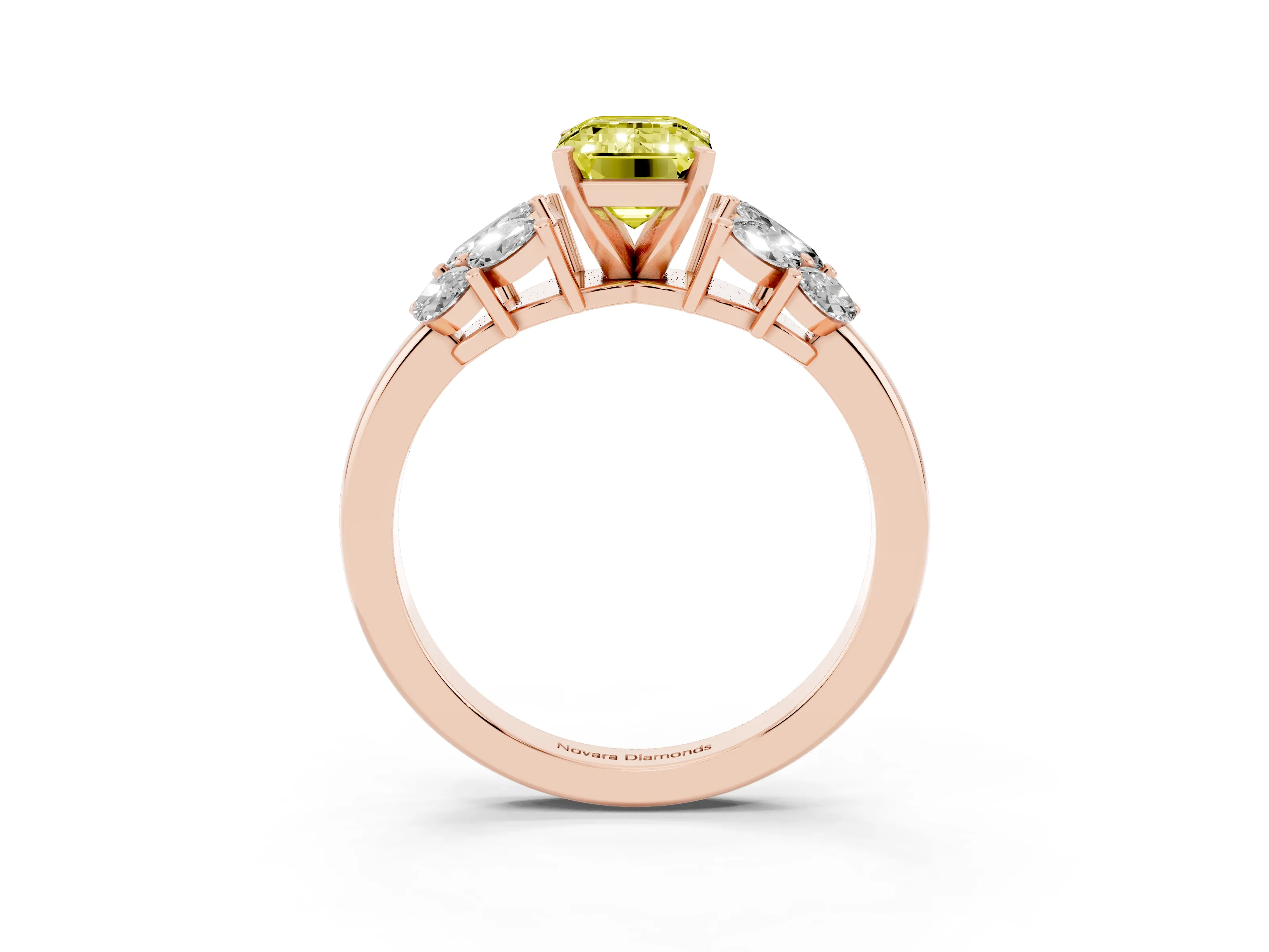 Fancy Yellow Emerald Cut Diamond Cluster Leaf Design Ring Set in Rose gold with Prong Setting