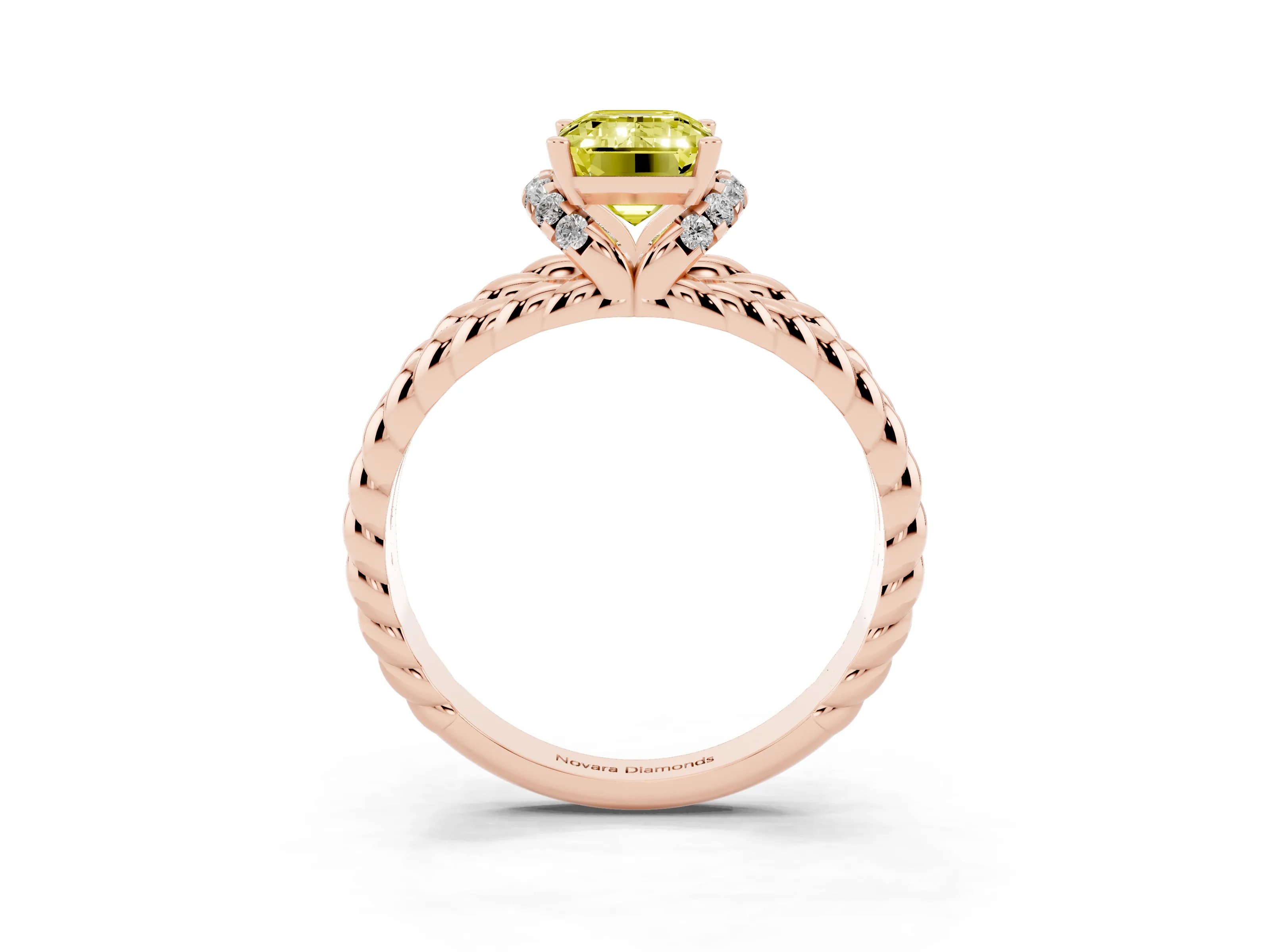 Fancy Yellow Emerald Cut Diamond Halo Ring Set in Rose gold with Twisted Band and Prong Setting
