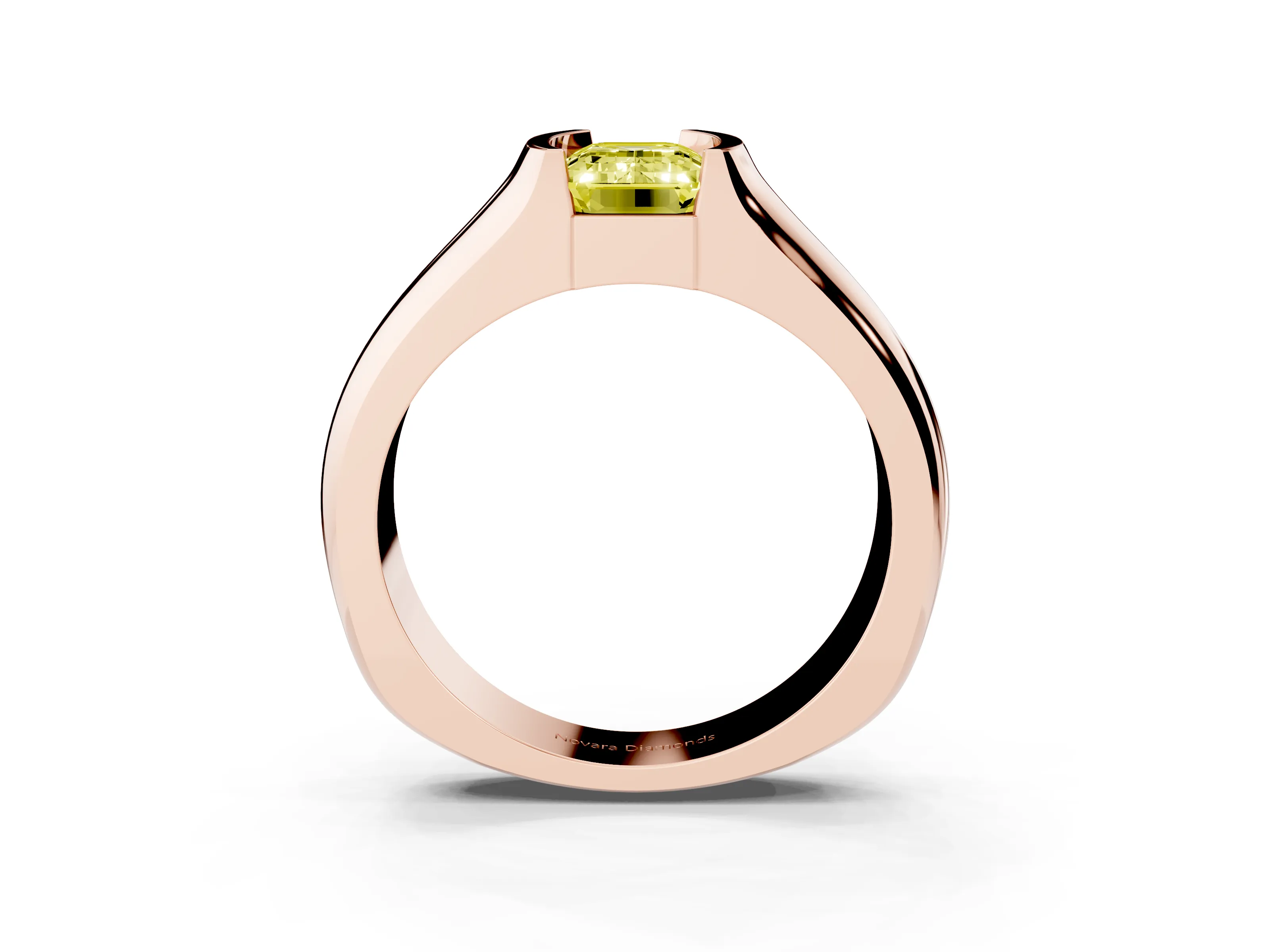 Fancy Yellow Emerald Cut Diamond Bezel Solitaire Ring Set in Rose gold with Wide Band