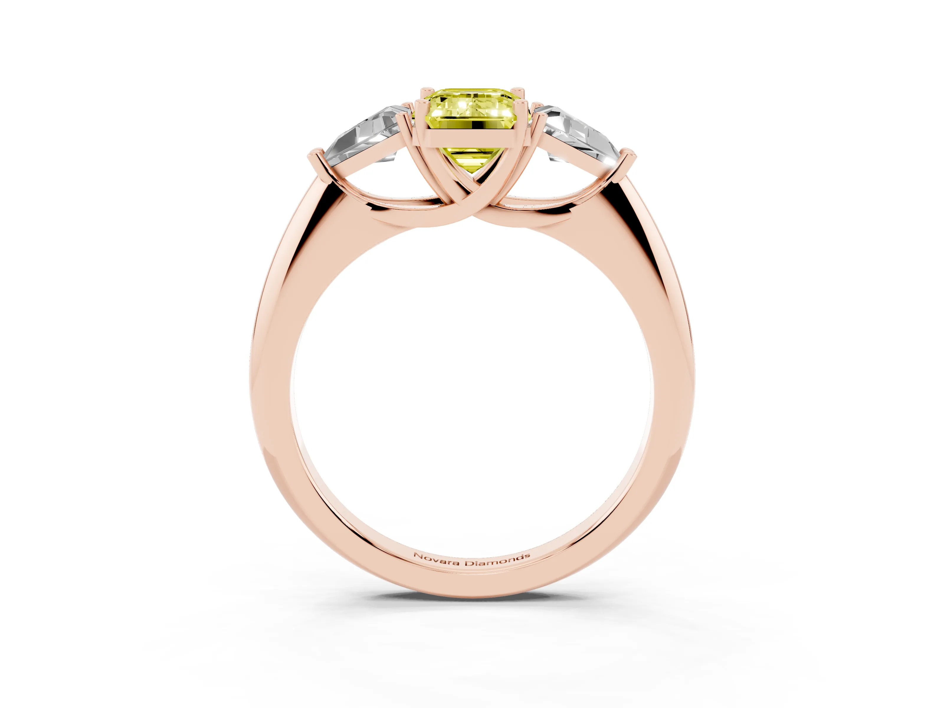 Fancy Yellow Emerald Cut Diamond Three-Stone Engagement Ring Set in Rose gold with Trillion Side Stones