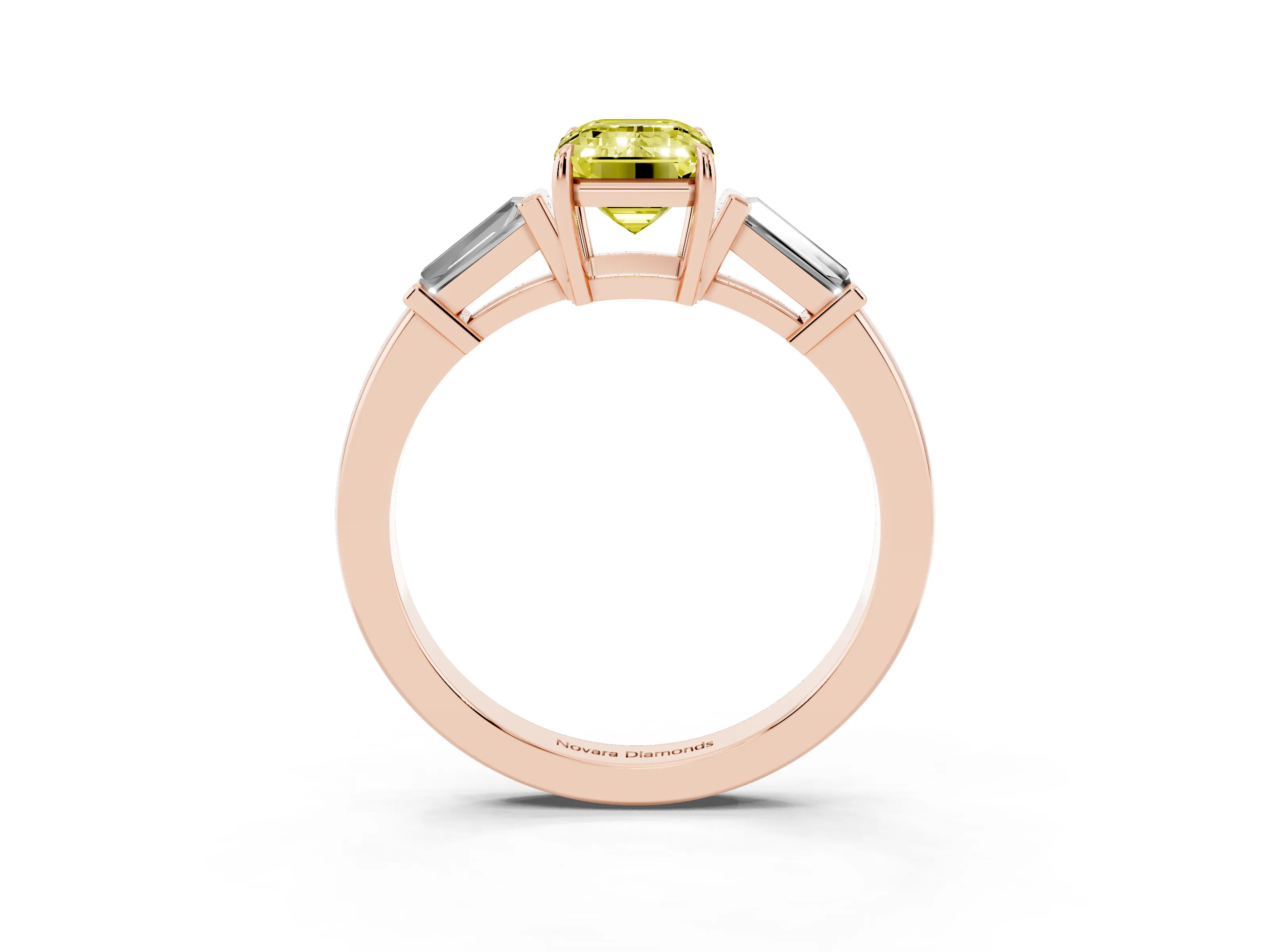 Fancy Yellow Emerald Cut Diamond Three-Stone Ring Set in Rose gold with Tapered Baguette Side Stones and Prong Setting