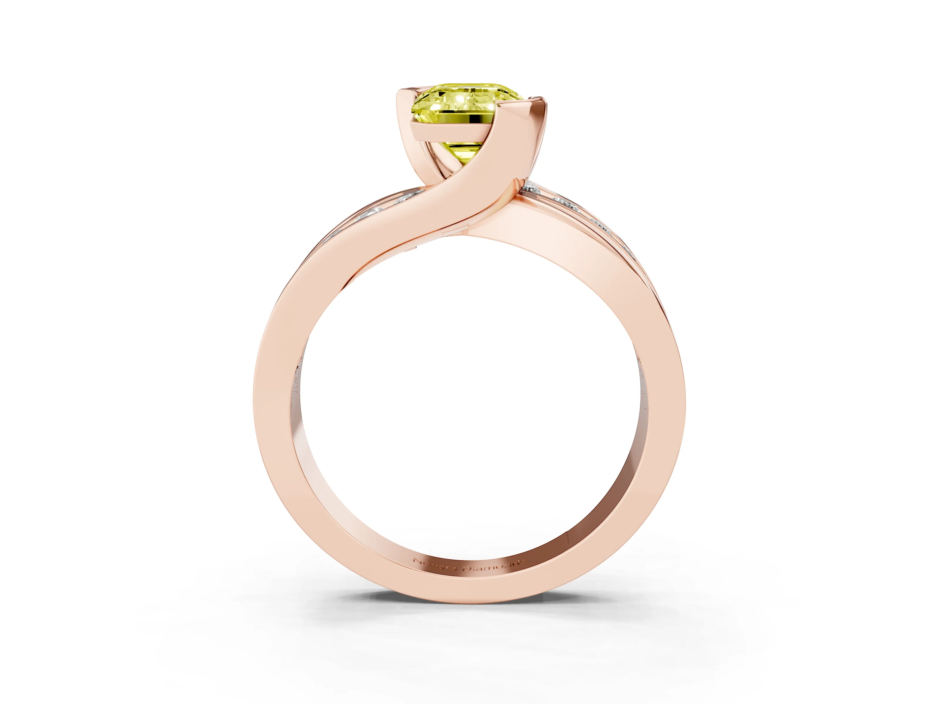Fancy Yellow Emerald Cut Diamond Solitaire Ring Set in Rose gold with Channel Set Split Shank and Tension Prongs