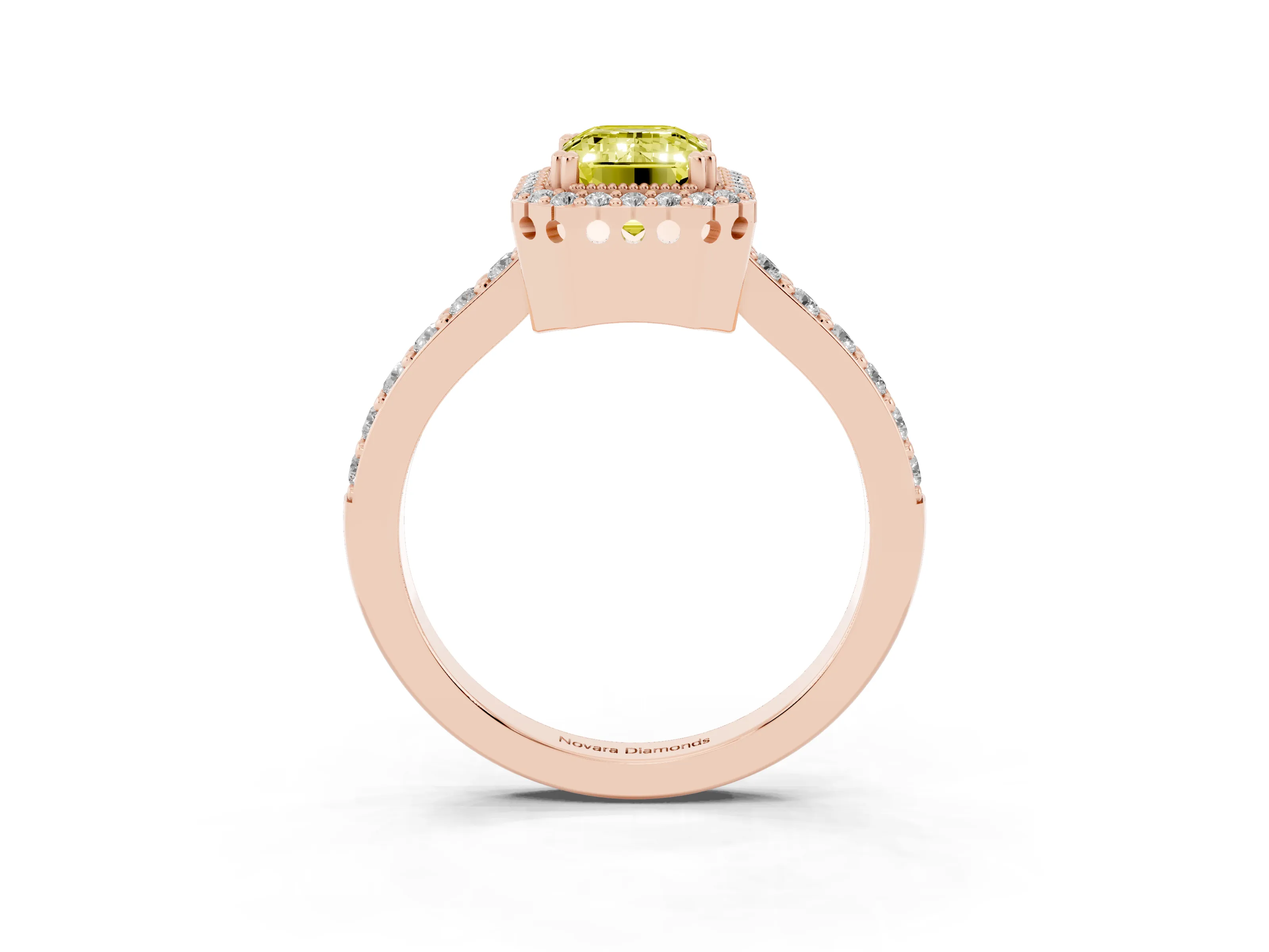 Fancy Yellow Emerald Cut Diamond Halo Engagement Ring Set in Rose gold with Milgrain Detail and Pavé Band