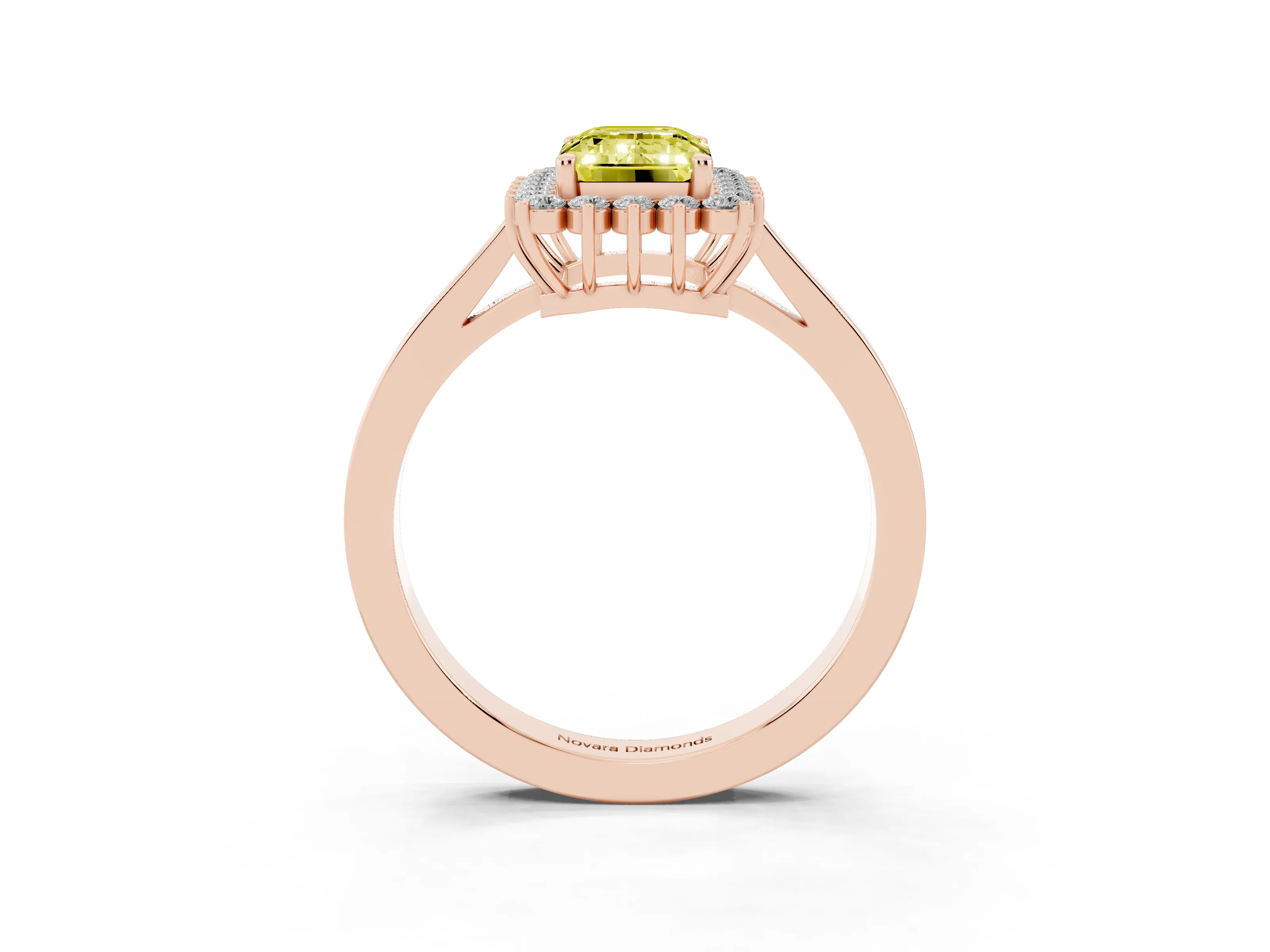 Fancy Yellow Emerald Cut Diamond Halo Ring Set in Rose gold with Round Halo and Smooth Solitaire Band