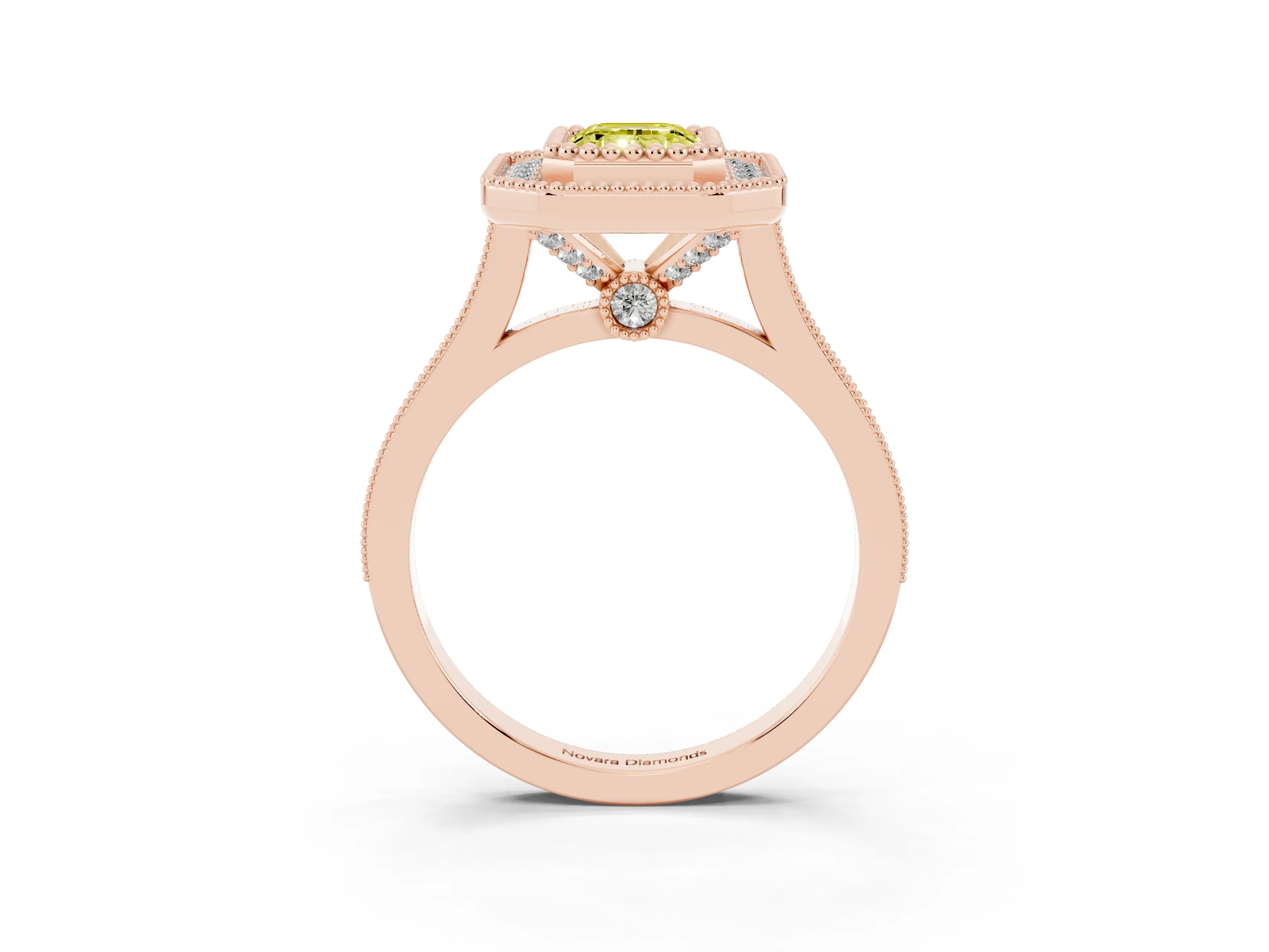 Fancy Yellow Emerald Cut Diamond Halo Ring Set in Rose gold with Milgrain Frame and Pavé Band