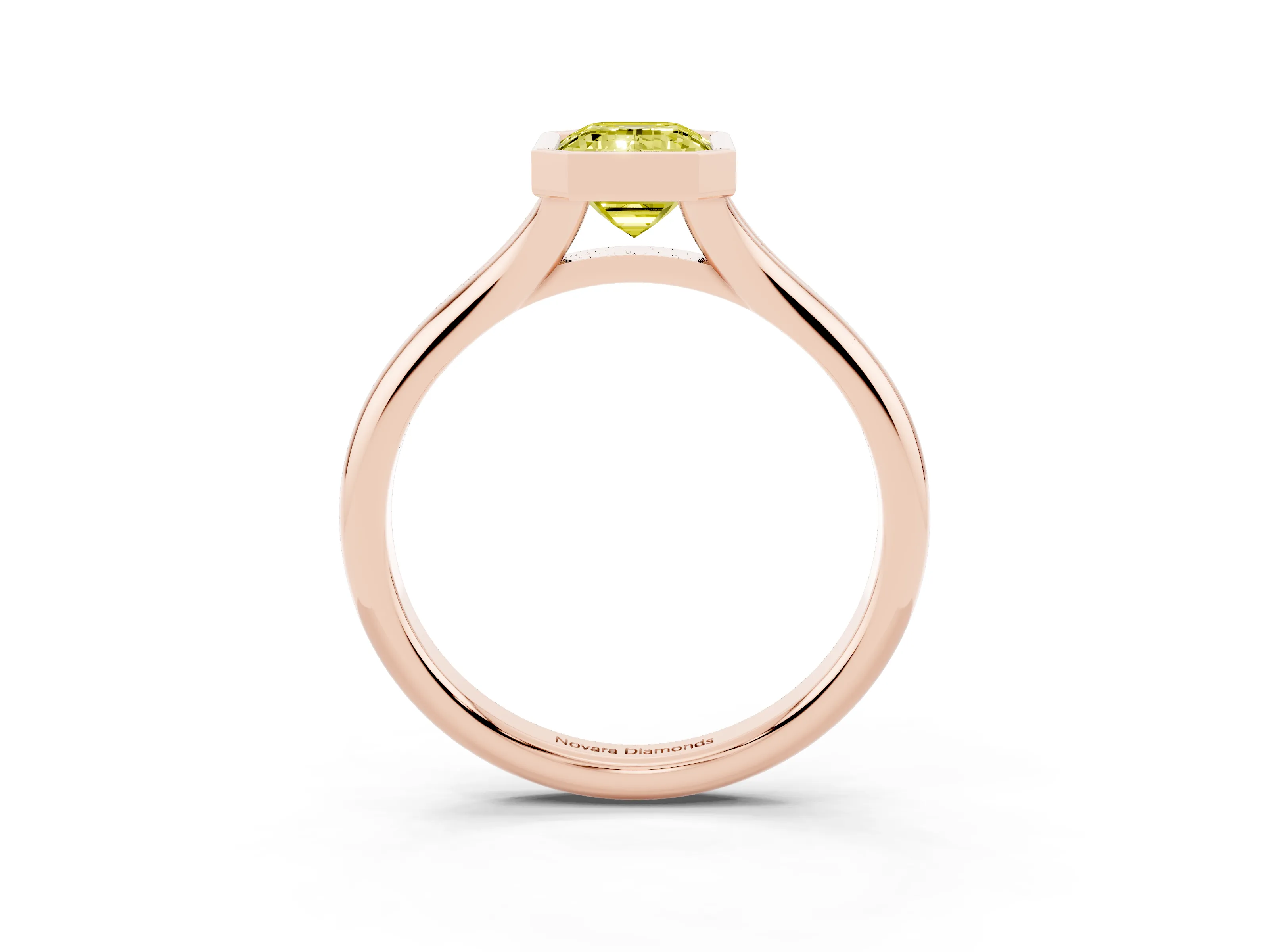 Fancy Yellow Bezel Set Emerald Cut Diamond Solitaire Ring Set in Rose gold with Smooth Band