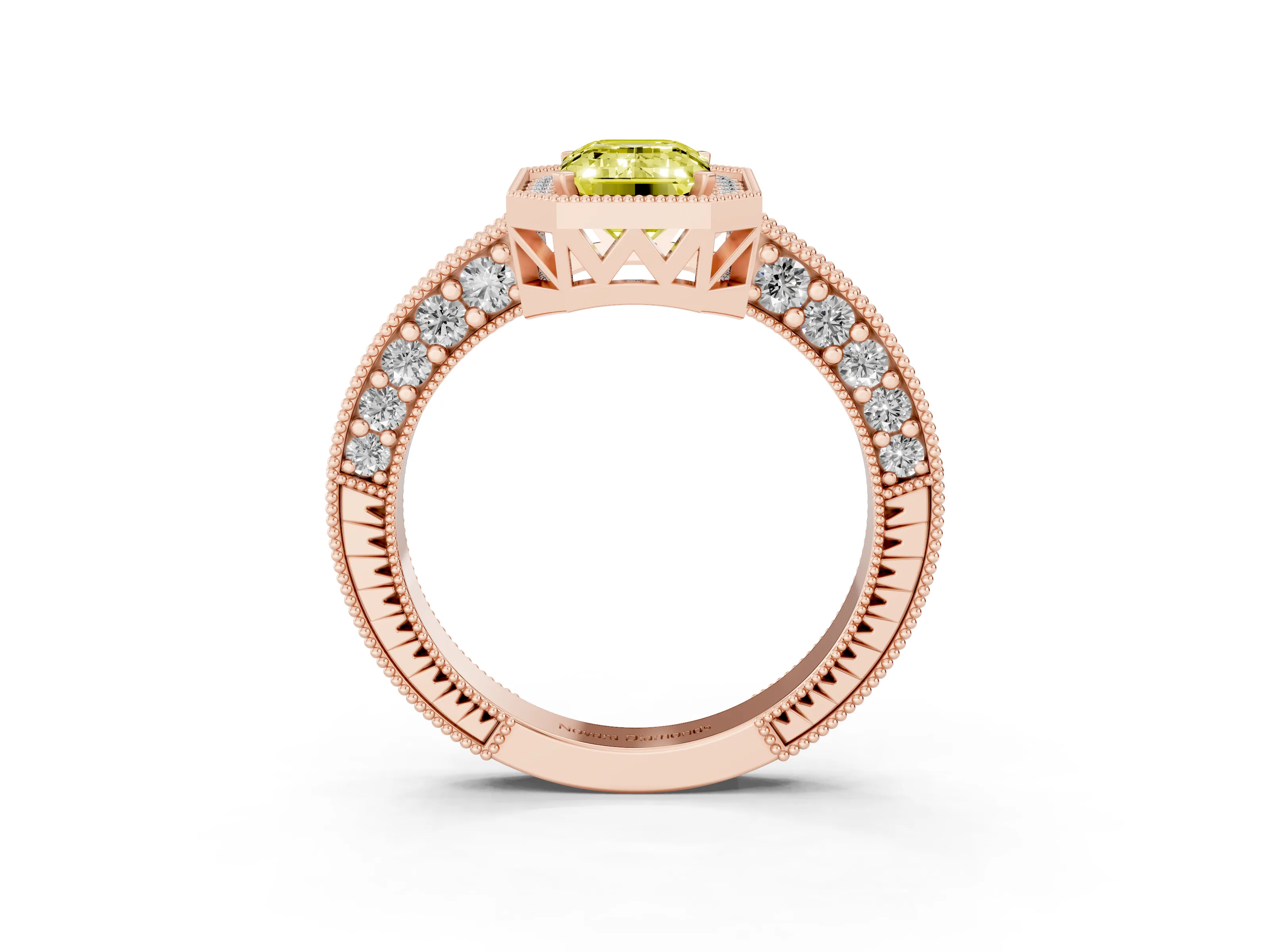 Fancy Yellow Emerald Cut Diamond Halo Pavé Band Ring Set in Rose gold with Prong-Set Center