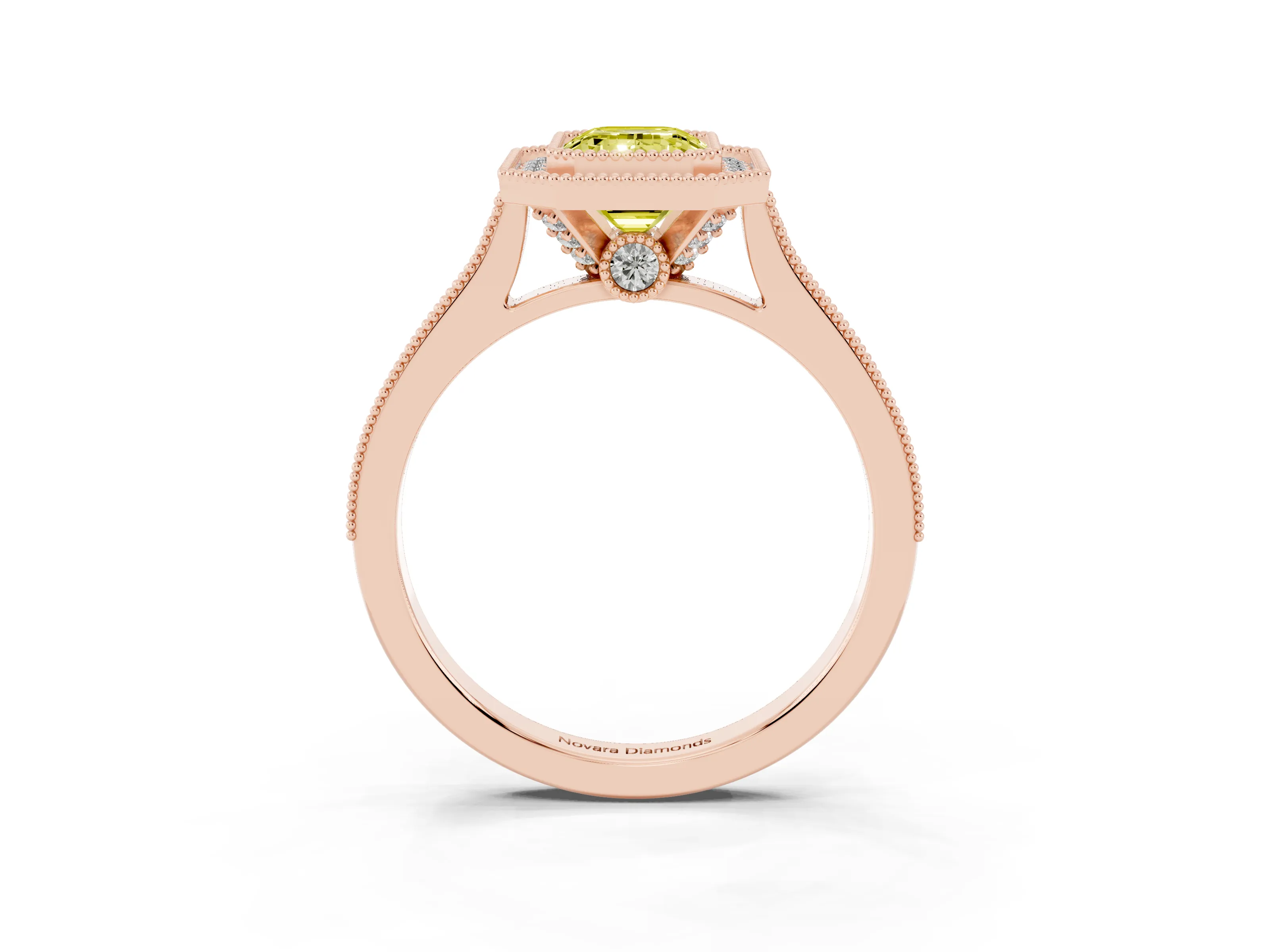 Fancy Yellow Emerald Cut Diamond Halo Milgrain Pavé Band Ring Set in Rose gold with Prong Setting