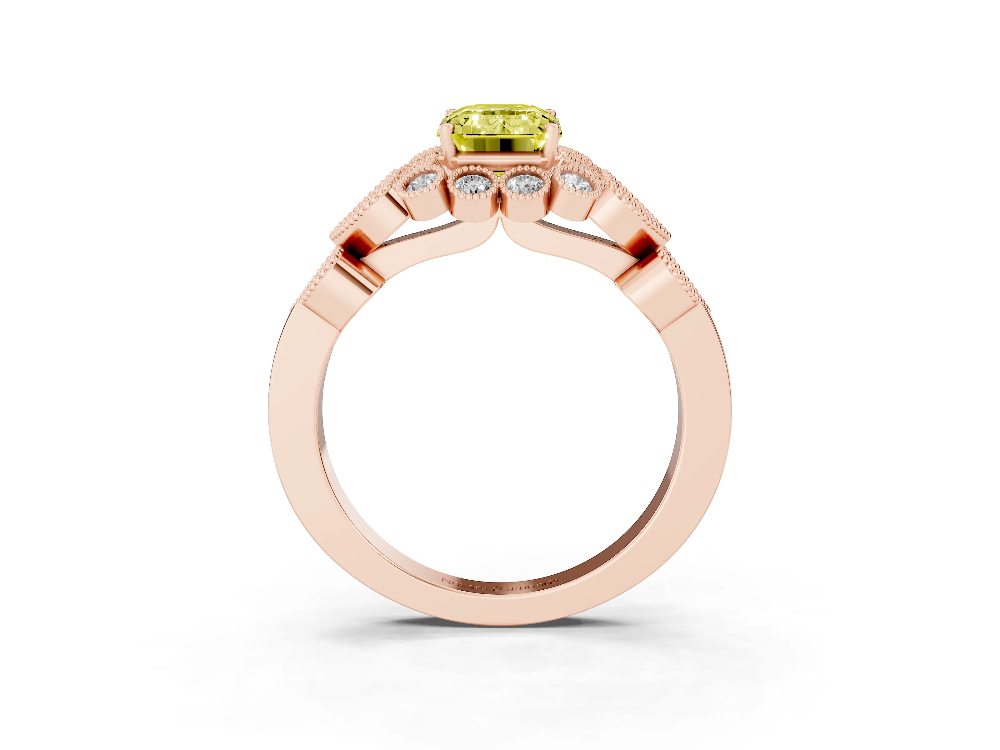 Fancy Yellow Emerald Cut Diamond Solitaire Ring Set in Rose gold with Milgrain Pavé Heart Band