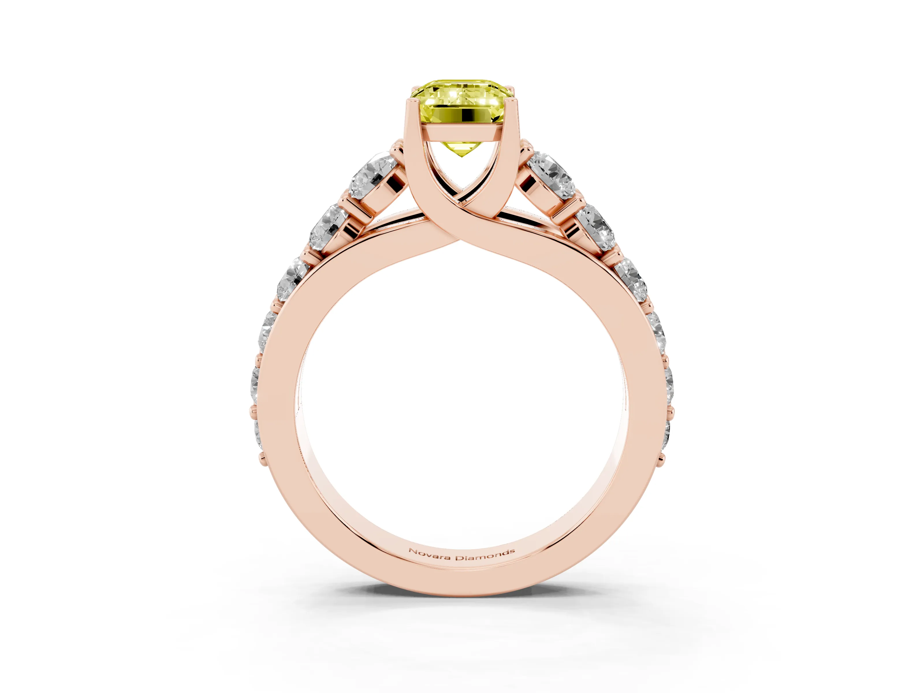 Fancy Yellow Emerald Cut Diamond Pavé Engagement Ring Set in Rose gold with Prong Setting