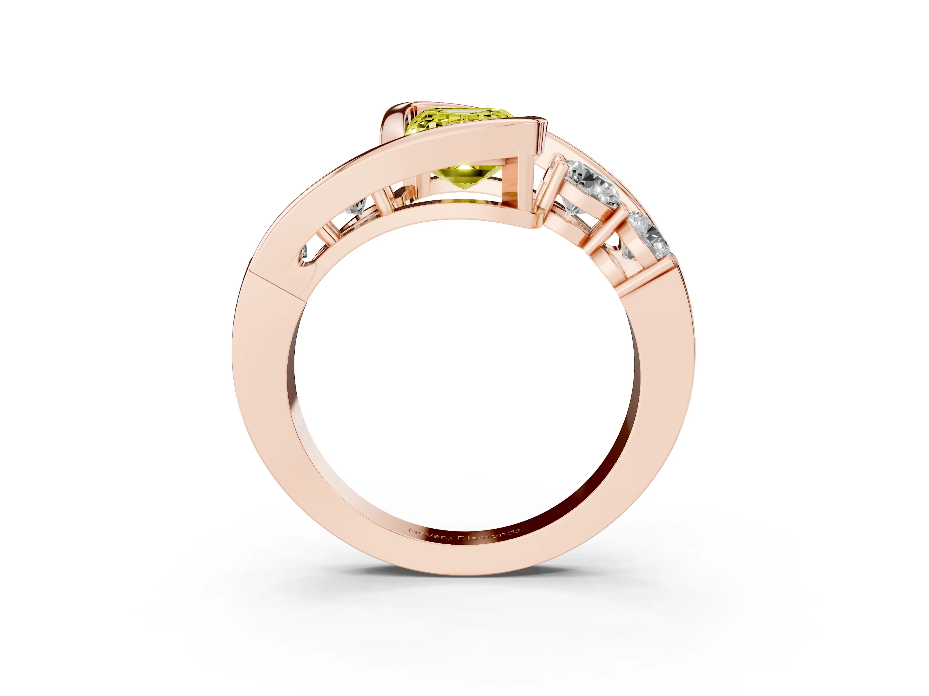 Fancy Yellow Emerald Cut Diamond Bezel Bypass Ring Set in Rose gold with Round Accents