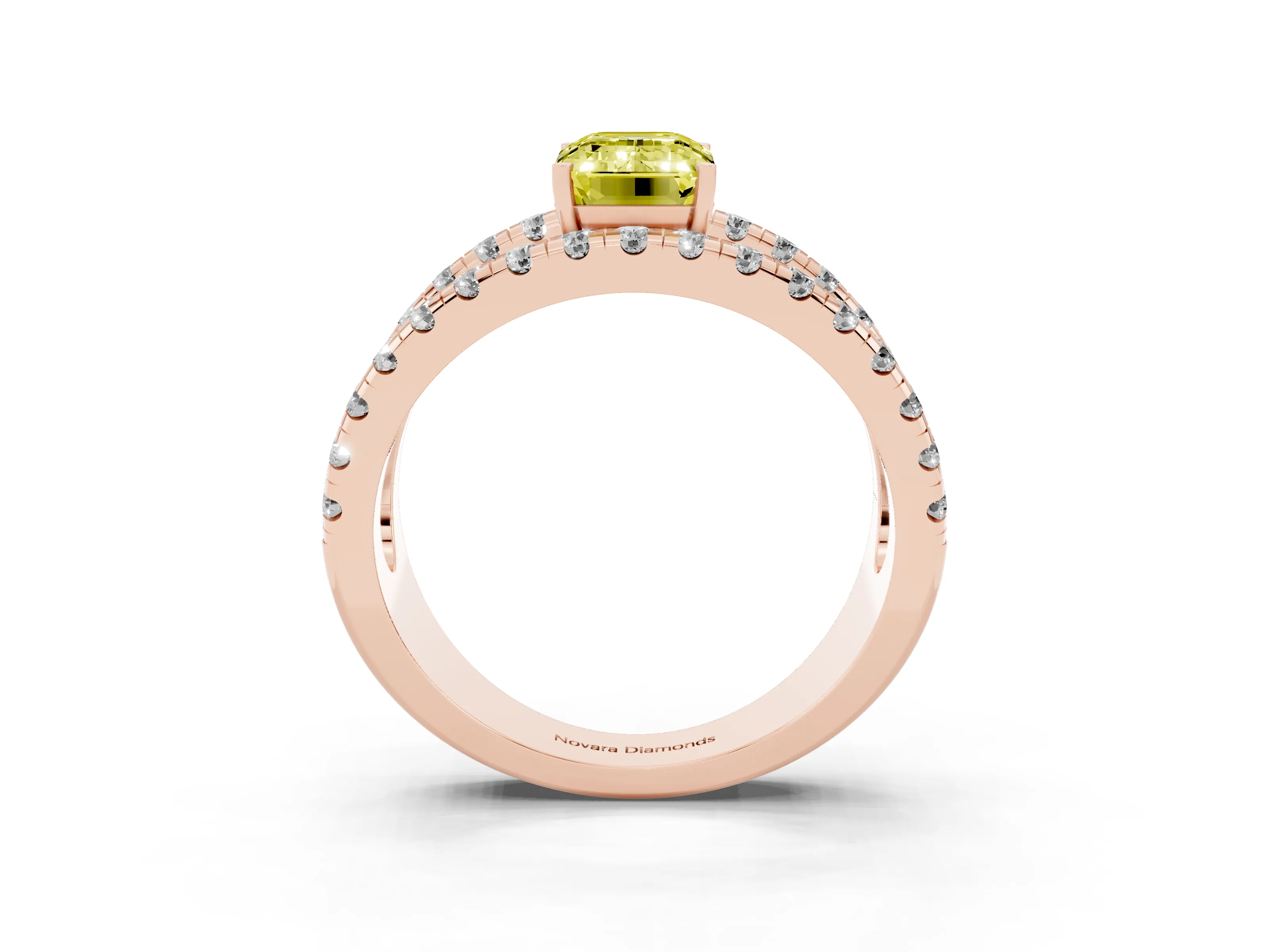 Fancy Yellow Emerald Cut Diamond Split Shank Pavé Solitaire Ring Set in Rose gold with Open Shank Design