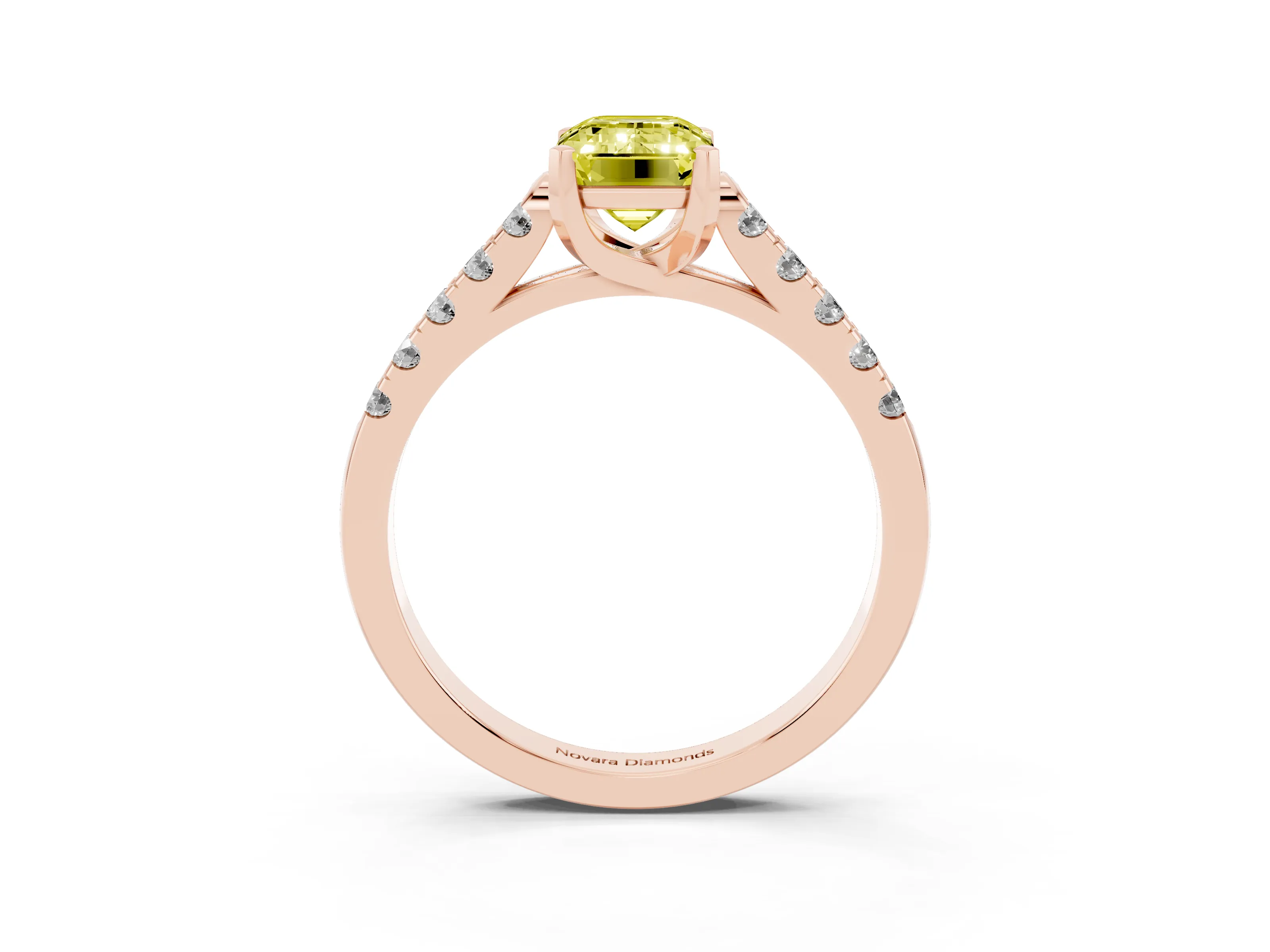 Fancy Yellow Emerald Cut Diamond Pavé Band Solitaire Ring Set in Rose gold with Partway Accent Stones and Prong Setting