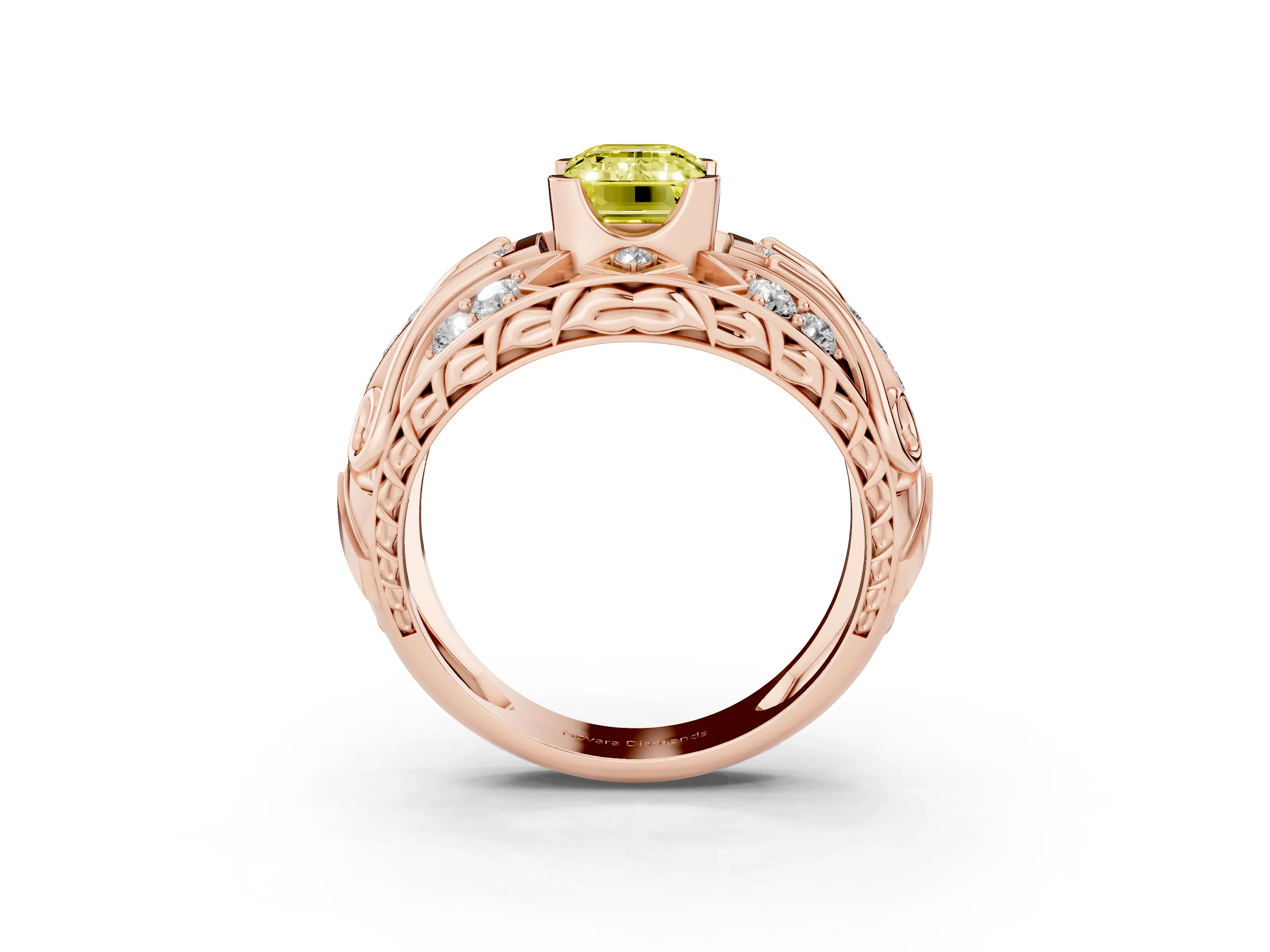 Fancy Yellow Emerald Cut Diamond Art Deco Ring Set in Rose gold with Pavé Split Shank