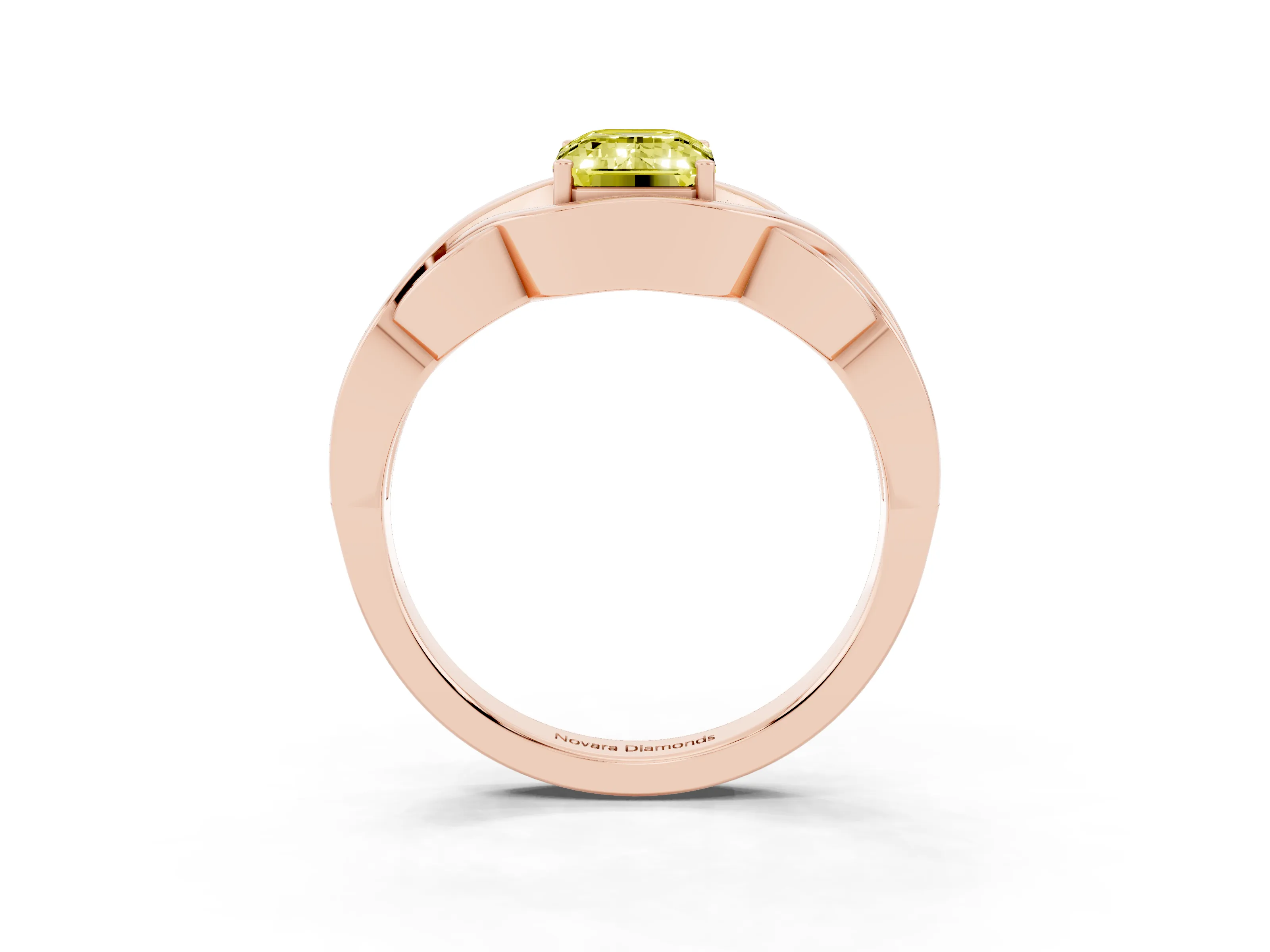 Fancy Yellow Emerald Cut Diamond Solitaire Ring Set in Rose gold with Intertwined Band