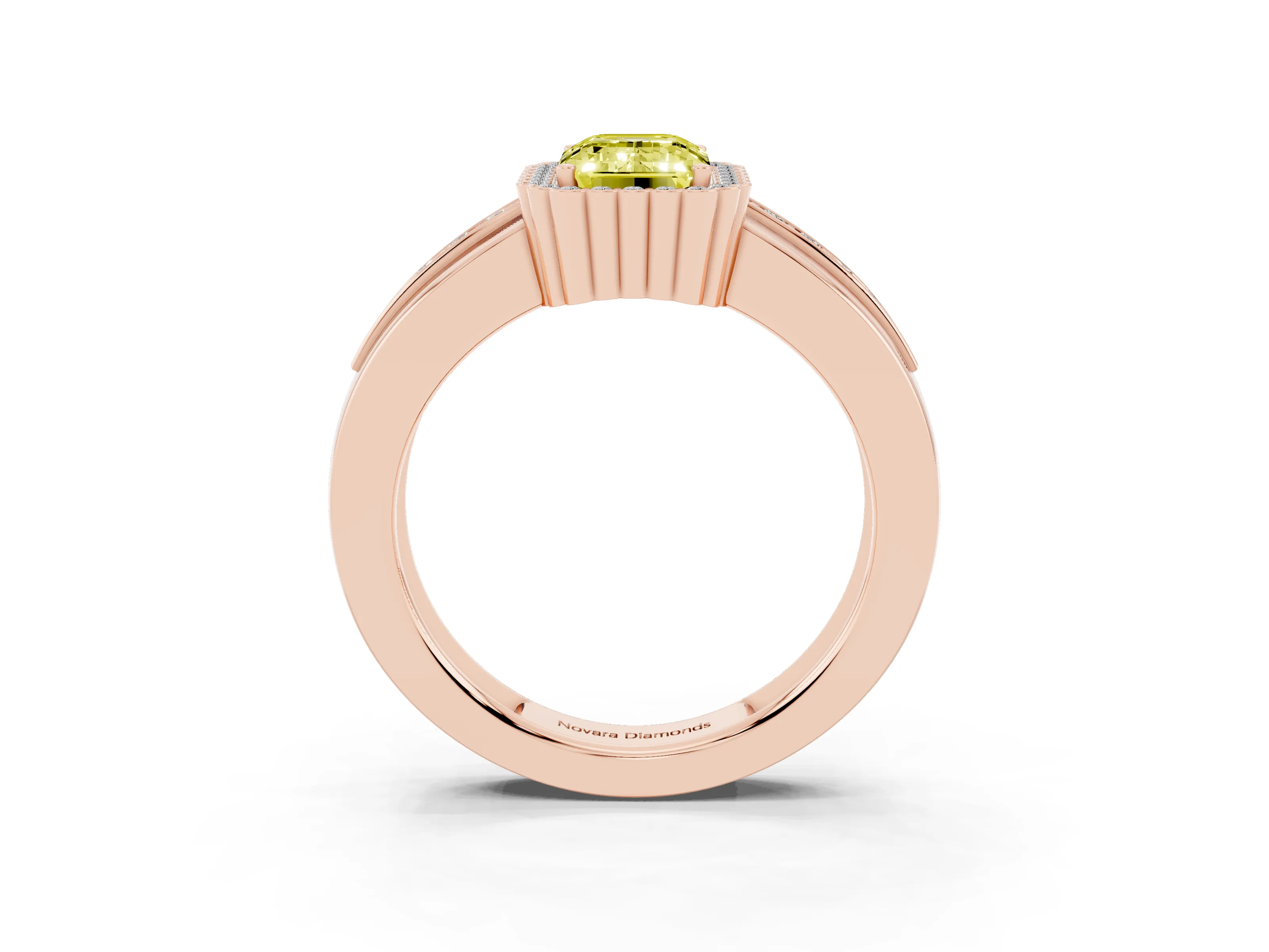Fancy Yellow Emerald Cut Diamond Halo Prong Ring Set in Rose gold with Pavé Band