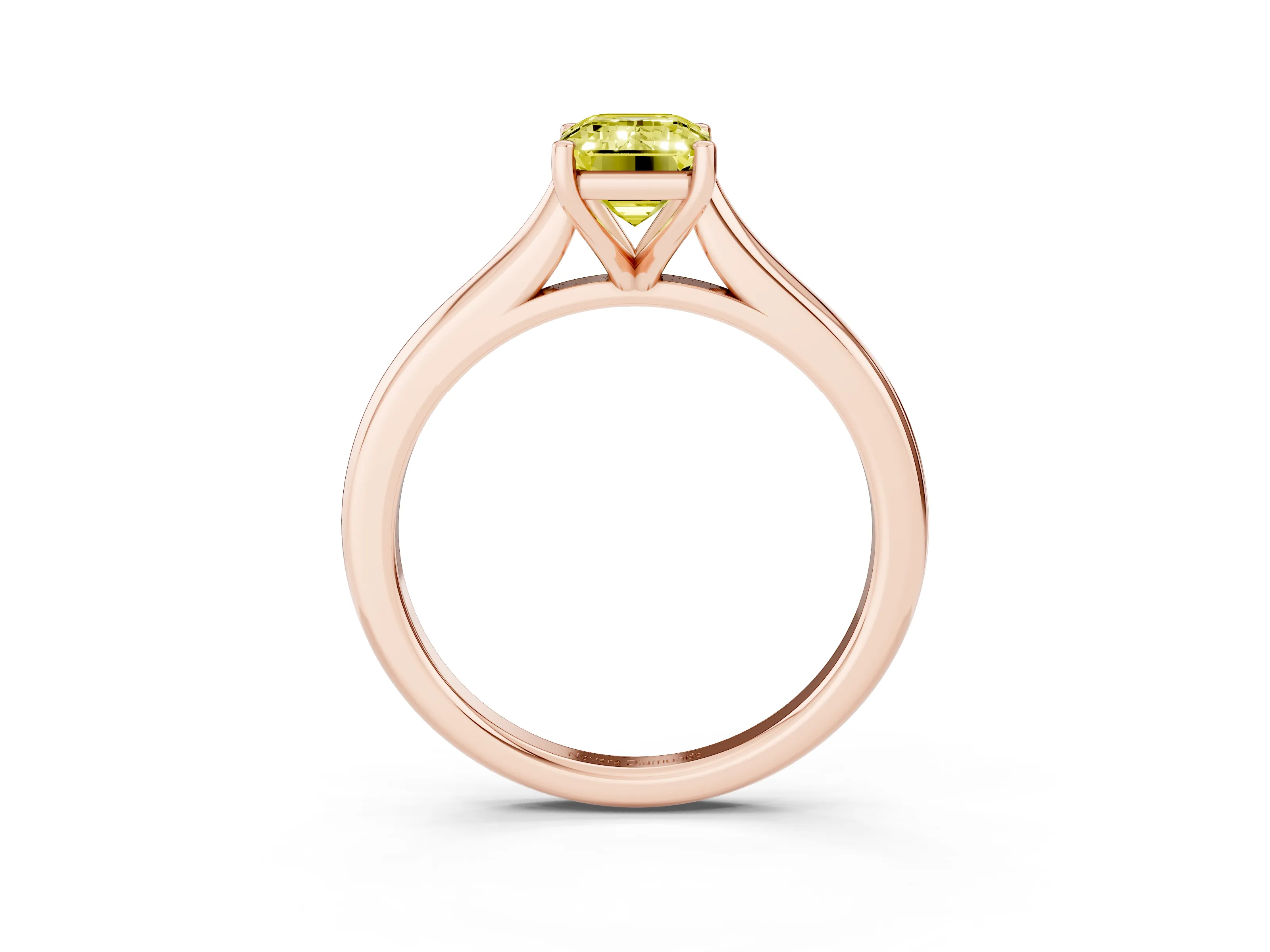 Fancy Yellow Emerald Cut Diamond Solitaire Ring Set in Rose gold with Cathedral Band and Prong Setting