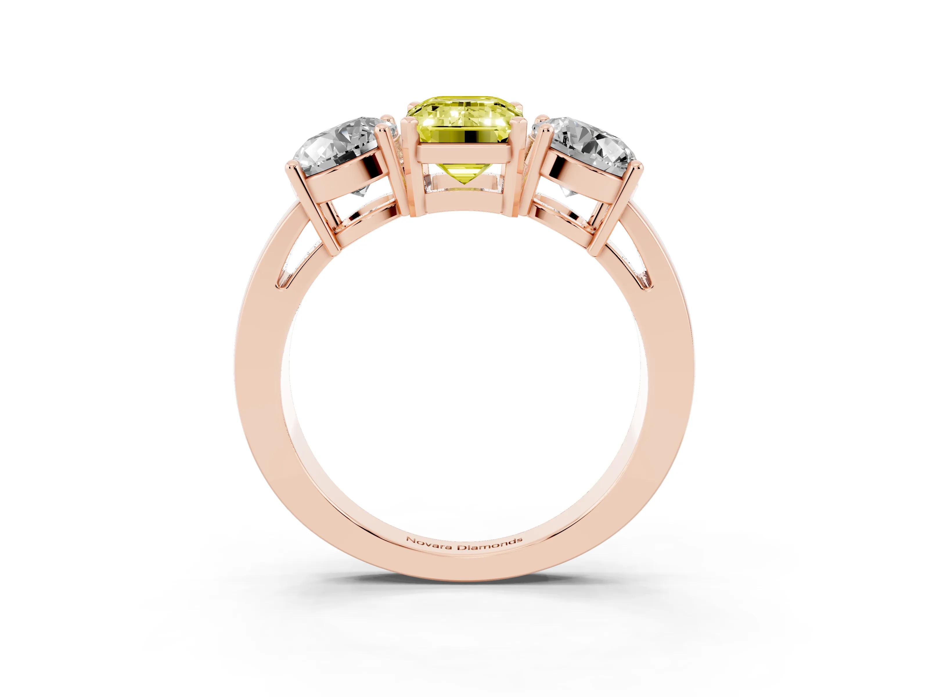 Fancy Yellow Emerald Cut Diamond Three-Stone Ring Set in Rose gold with Round Side Stones and Classic Band