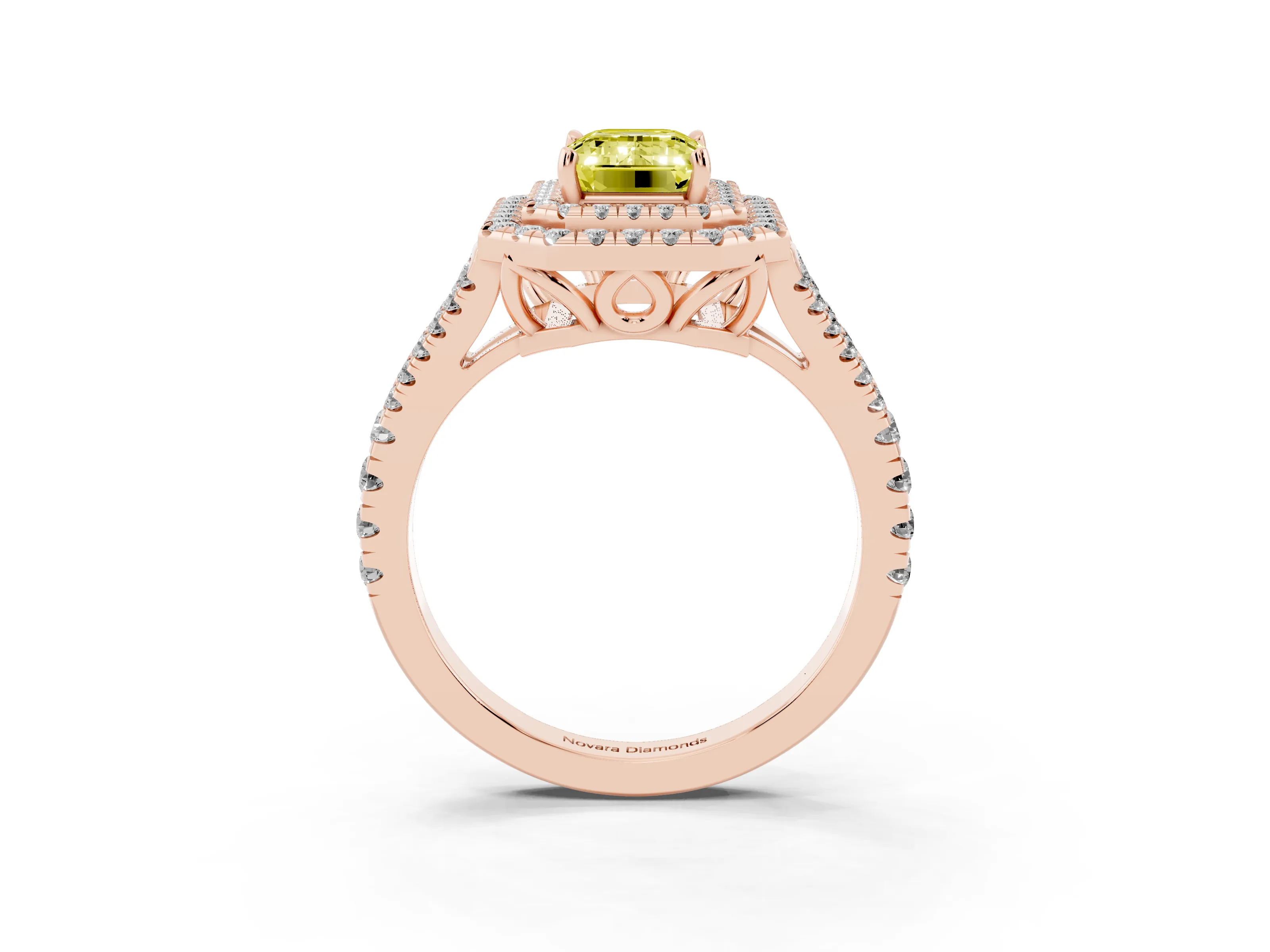 Fancy Yellow Emerald Cut Diamond Double Halo Ring Set in Rose gold with Pavé Band