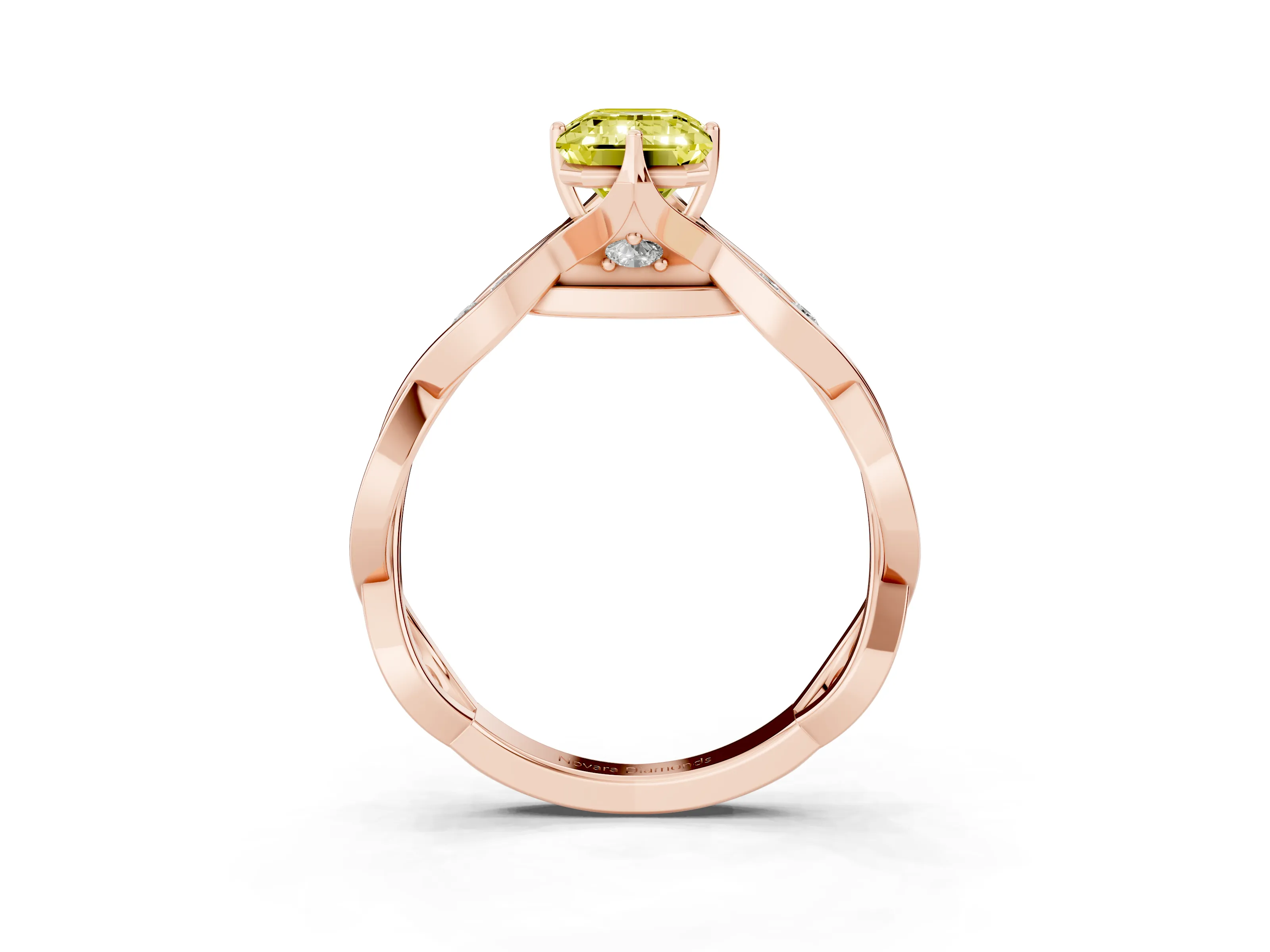 Fancy Yellow Emerald Cut Diamond Twist Band Solitaire Ring Set in Rose gold with Leaf Prong Setting and Accent Stones