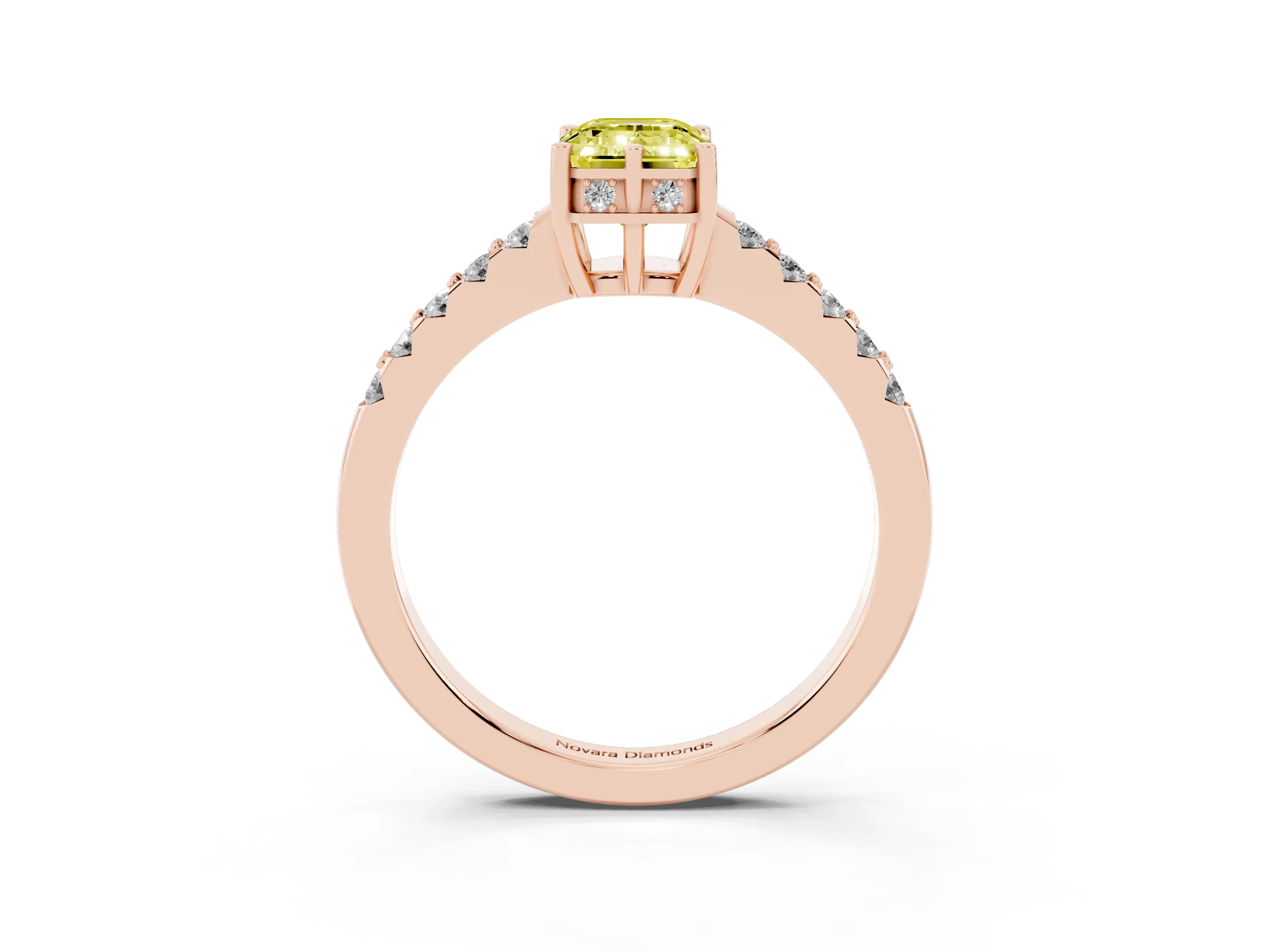 Fancy Yellow Emerald Cut Diamond Solitaire Engagement Ring Set in Rose gold with Pavé Band and Prong Setting