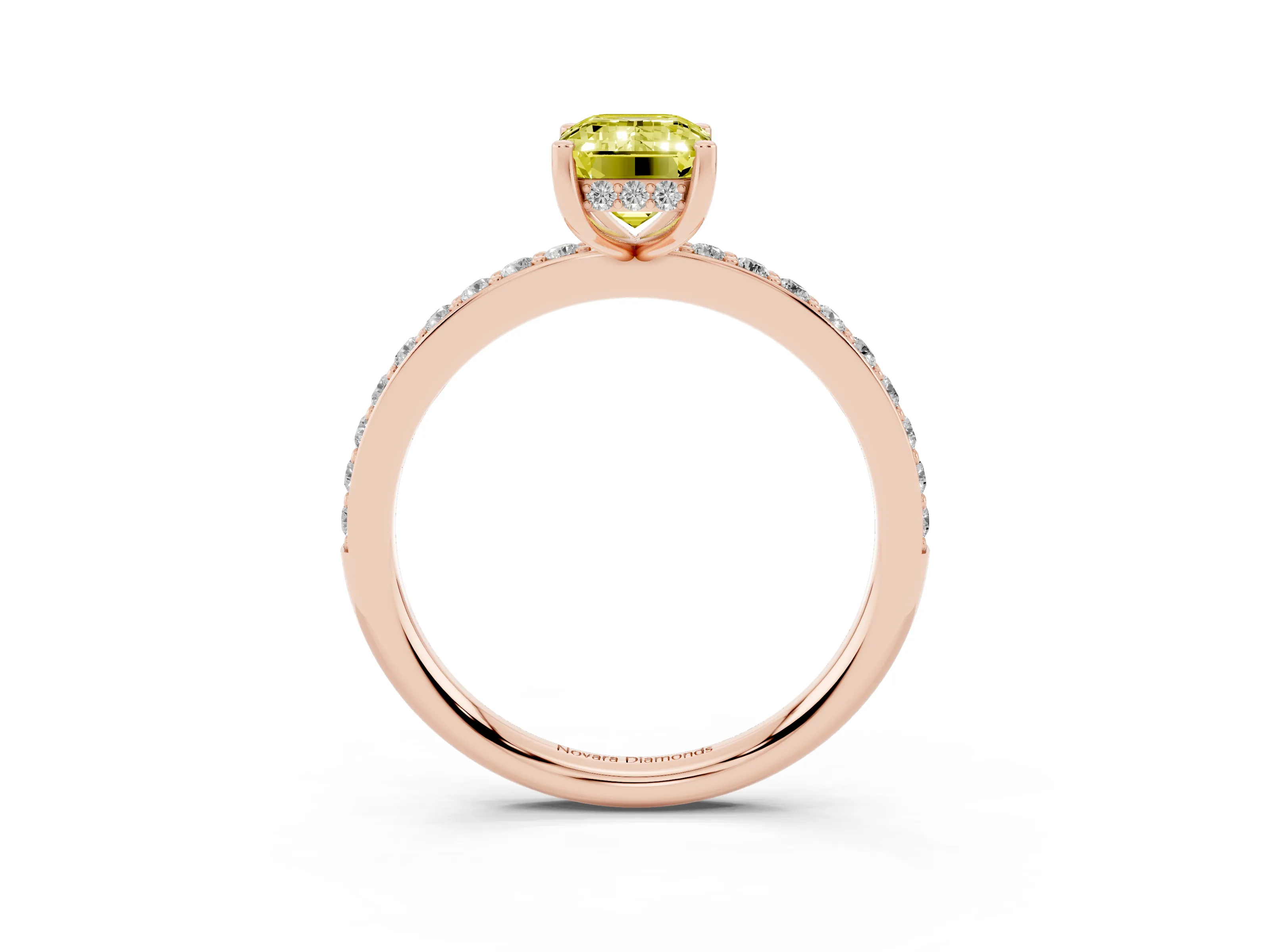 Fancy Yellow Emerald Cut Diamond Pavé Band Ring Set in Rose gold with Prong-Set Center Stone