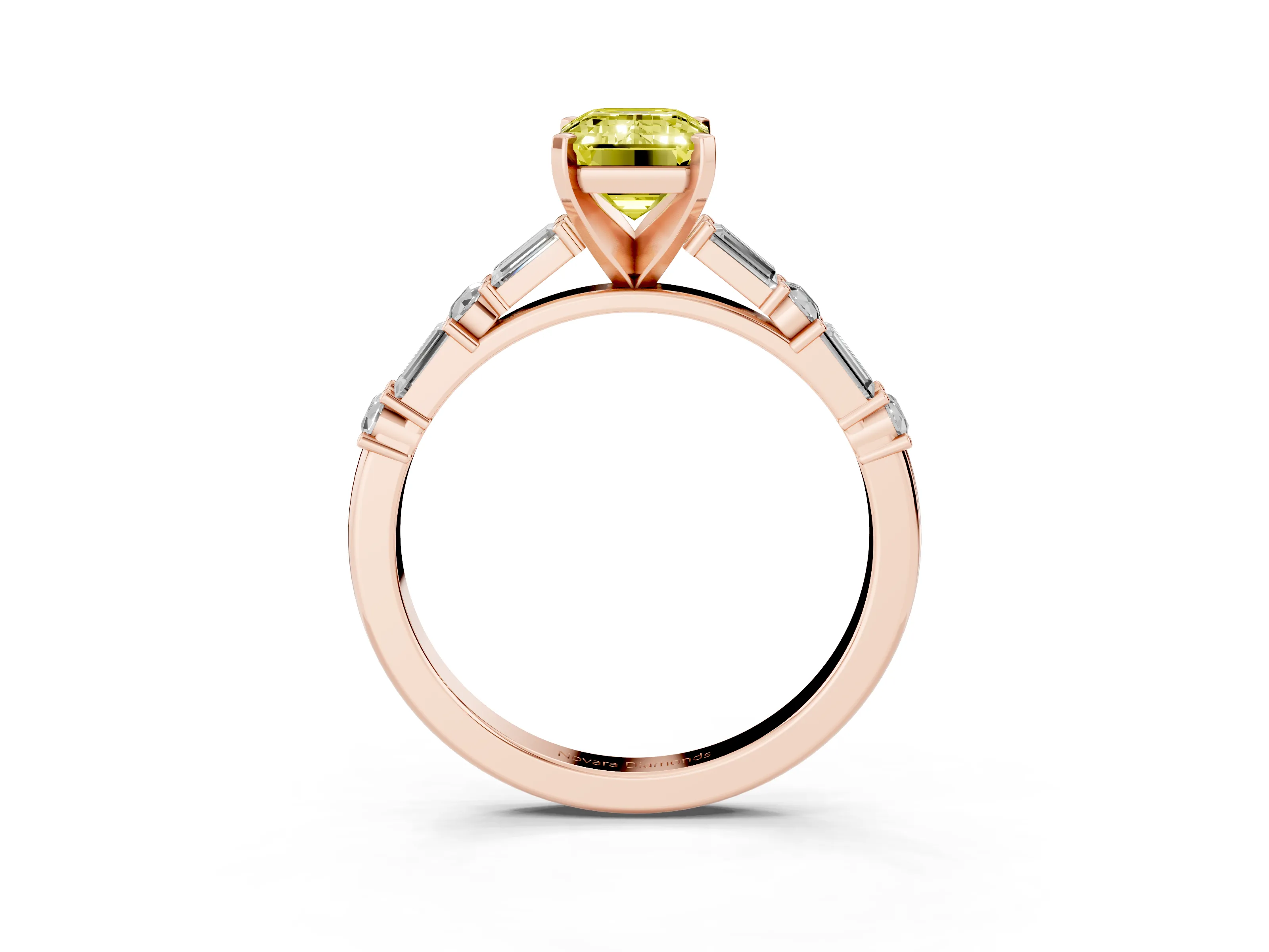 Fancy Yellow Emerald Cut Diamond Solitaire Set in Rose gold with Side Baguettes and Channel Set Band