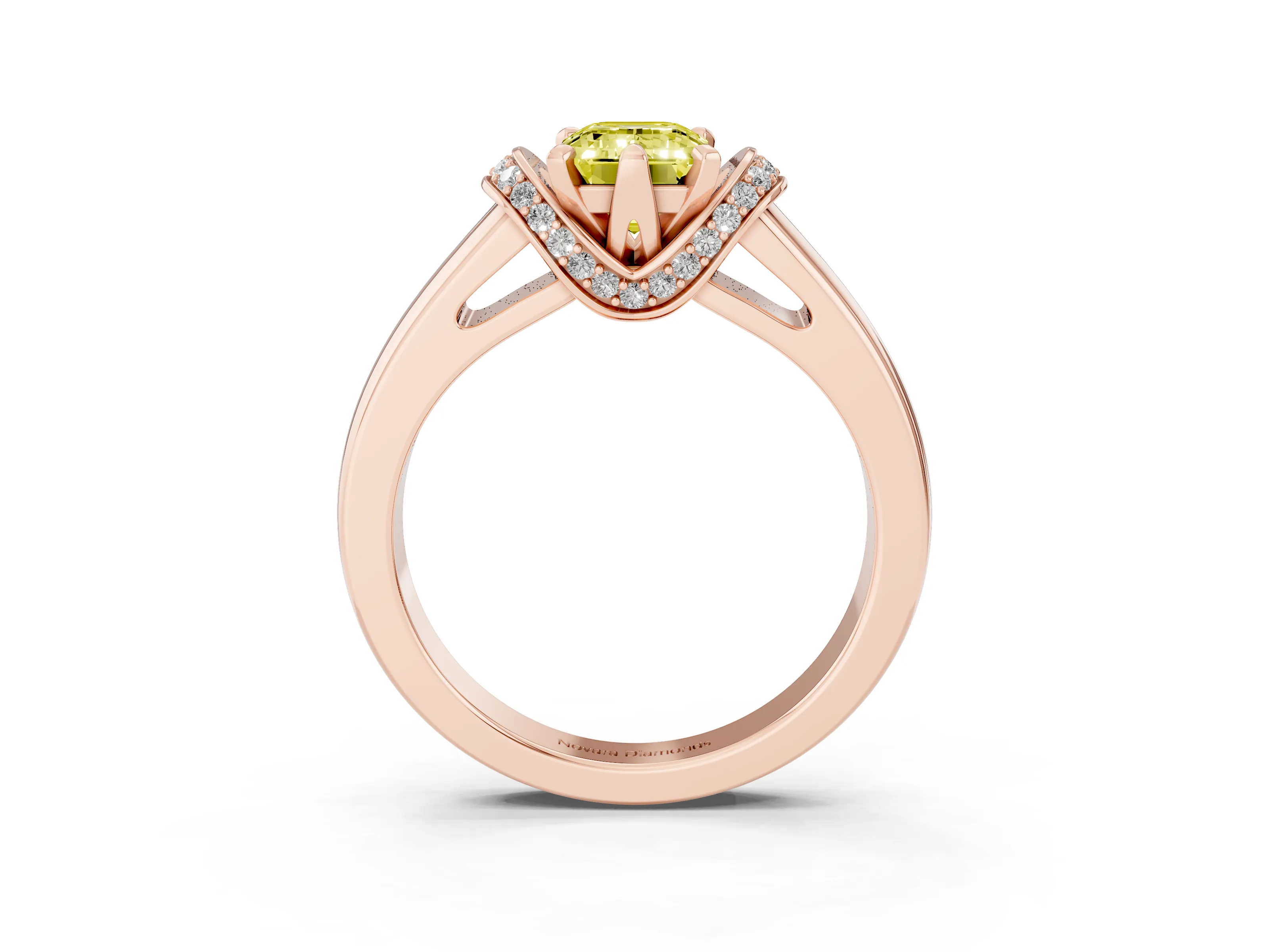 Fancy Yellow Emerald Cut Diamond Pavé Band Solitaire Ring Set in Rose gold with Prong Setting