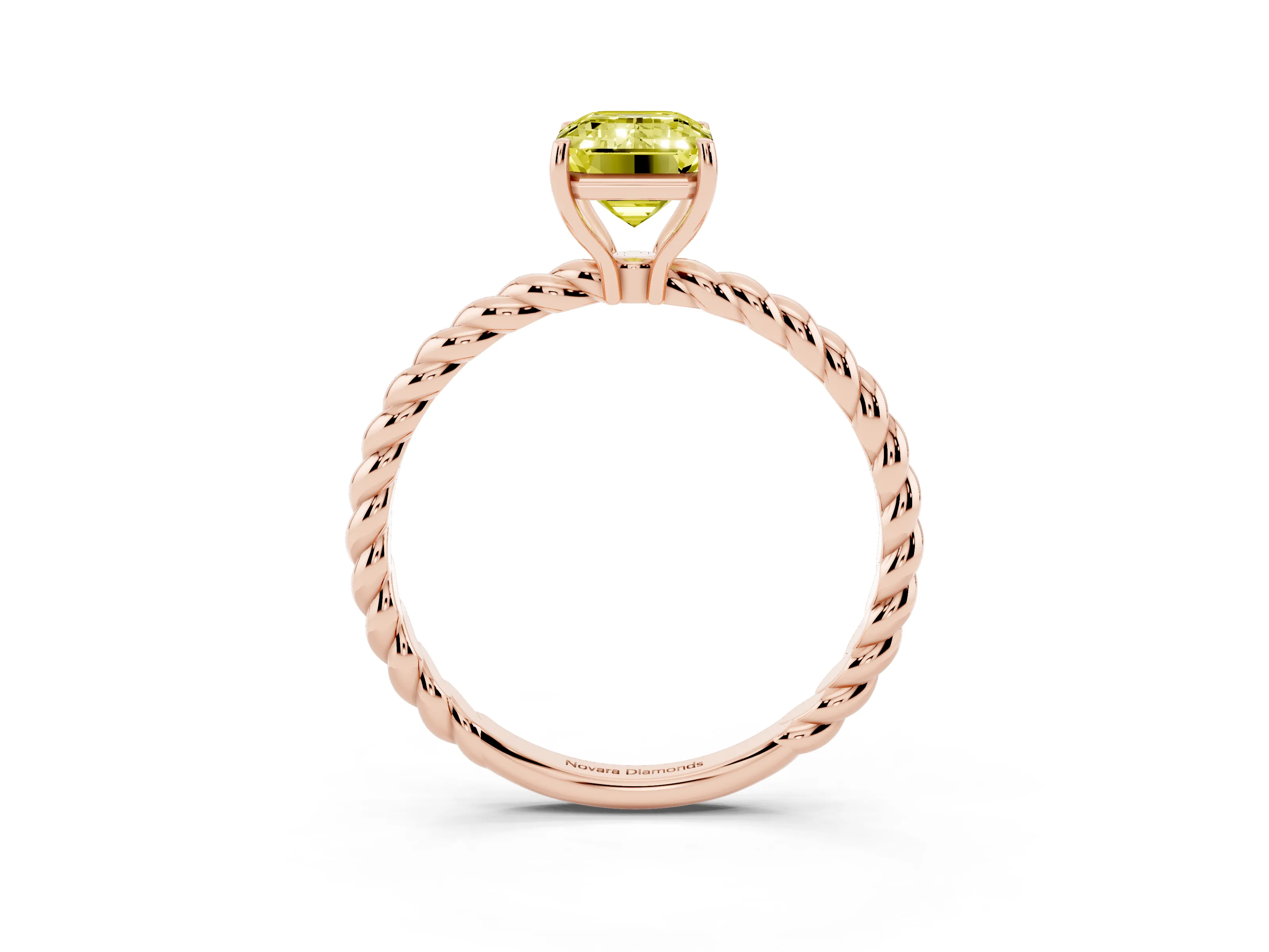 Fancy Yellow Emerald Cut Diamond Solitaire Ring Set in Rose gold with Twist Band and Prong Setting