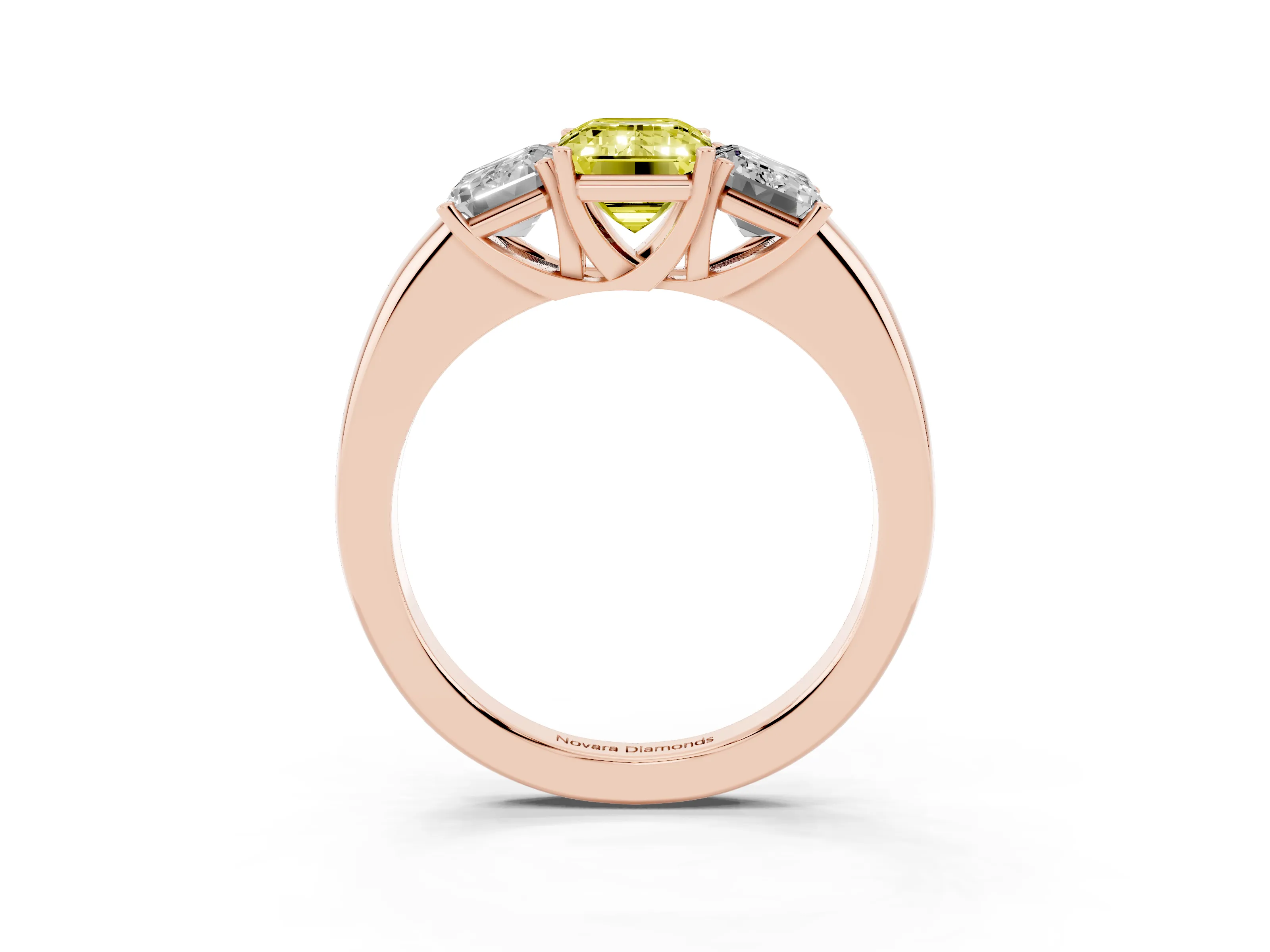 Fancy Yellow Emerald Cut Diamond Three-Stone Ring Set in Rose gold with Bold Center and Classic Band