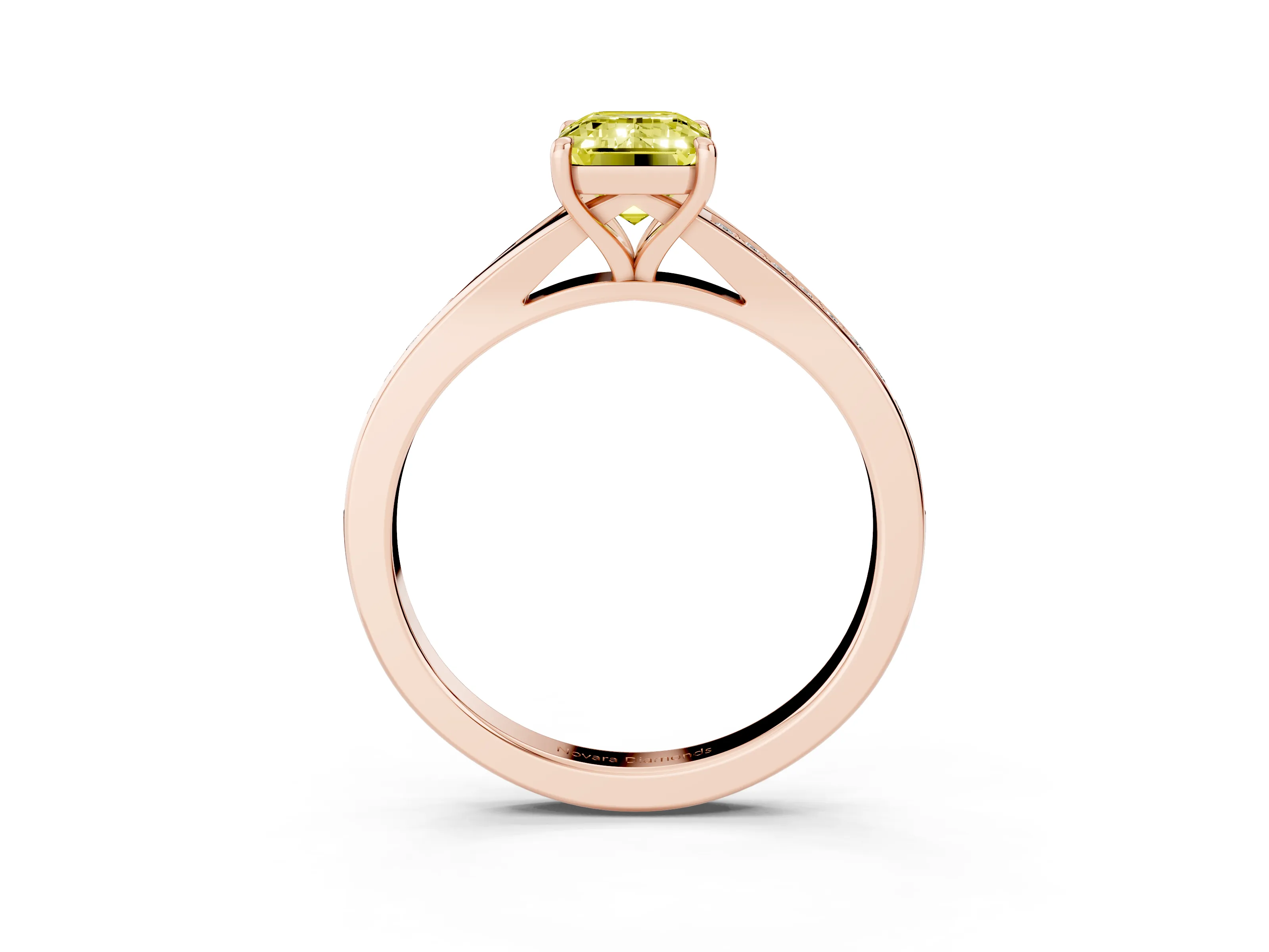 Fancy Yellow Emerald Cut Diamond Solitaire Ring Set in Rose gold with Pavé Accent Band and Classic Prong Setting