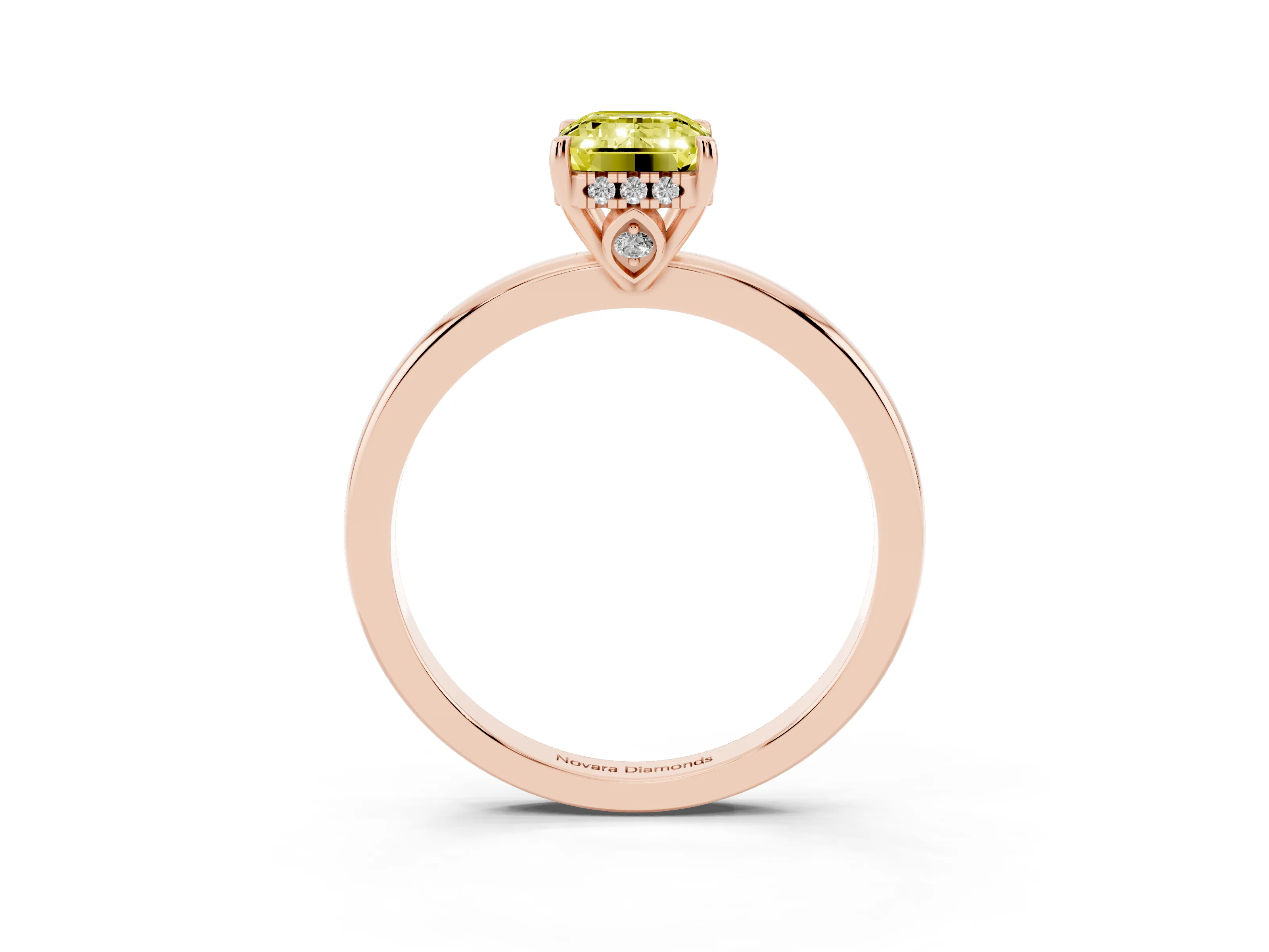Fancy Yellow Emerald Cut Diamond Solitaire Ring Set in Rose gold with Plain Band and Prong Setting