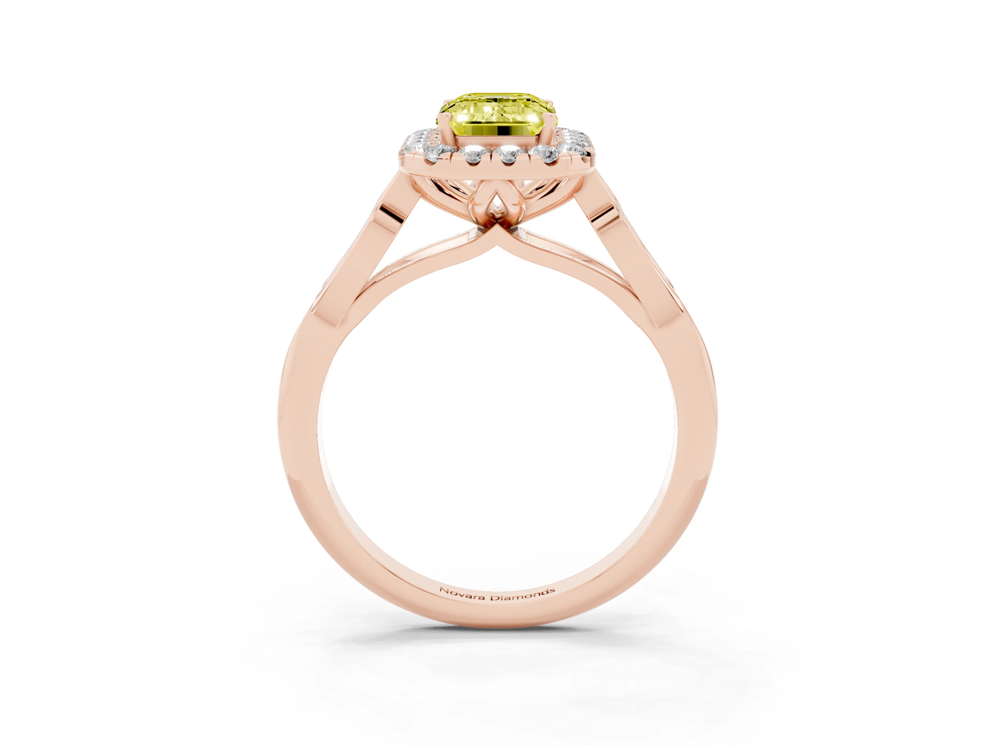 Fancy Yellow Emerald Cut Diamond Halo Engagement Ring Set in Rose gold with Filigree Band and Prong-Set Center