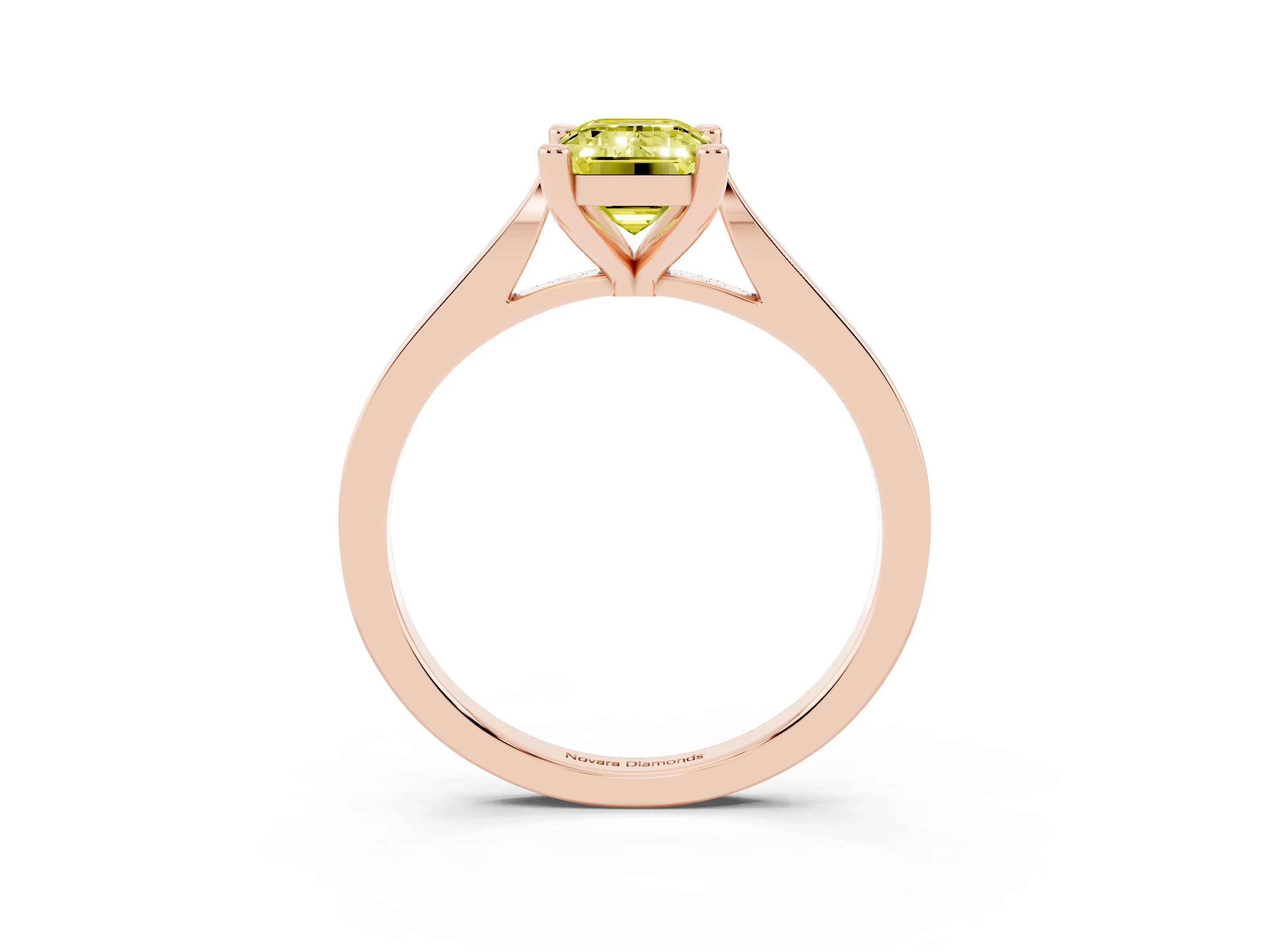 Fancy Yellow Emerald Cut Diamond Solitaire Ring Set in Rose gold with Prong Setting and Tapered Band