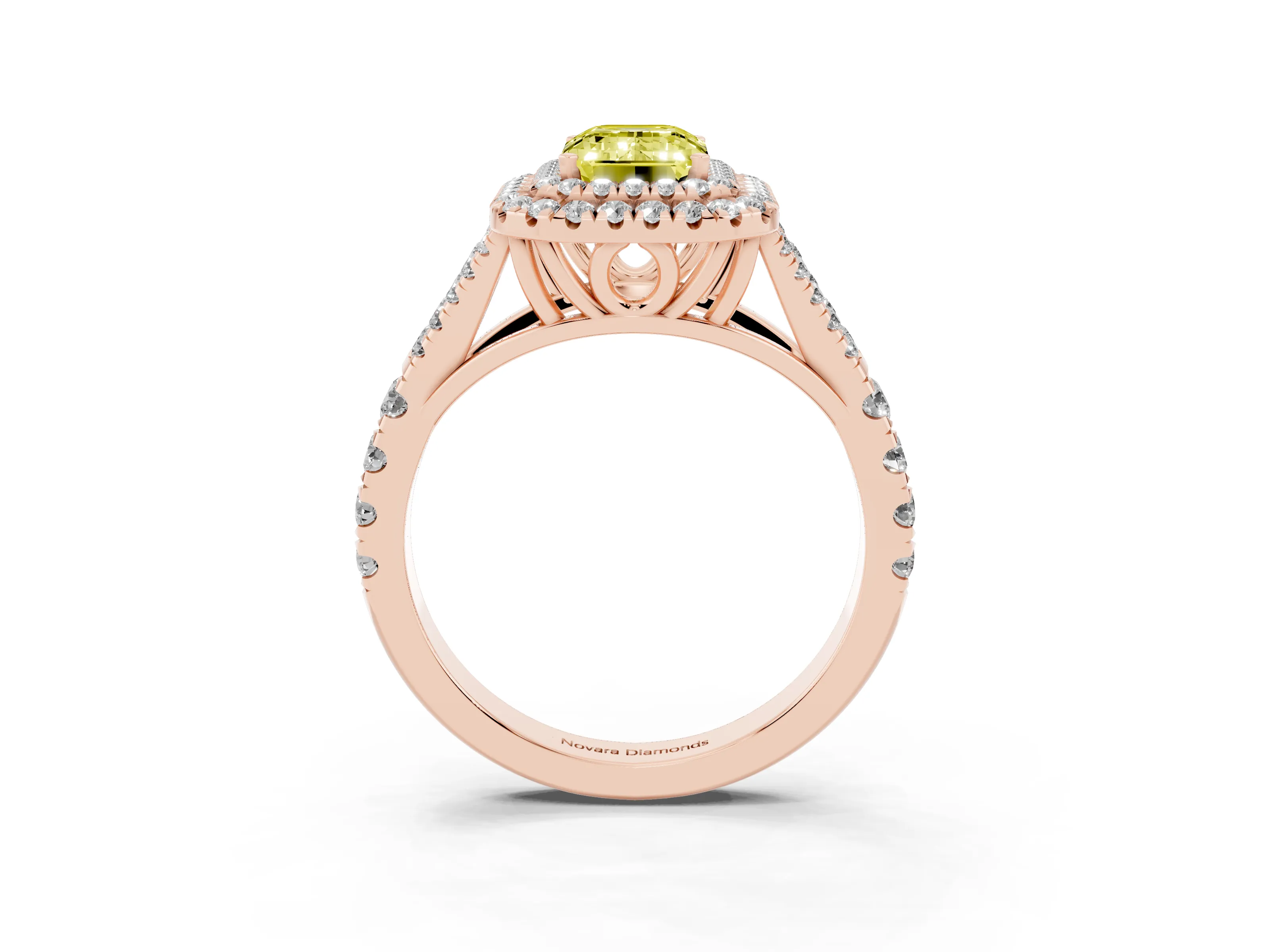 Fancy Yellow Emerald Cut Diamond Pavé Split Shank Double Halo Engagement Ring Set in Rose gold