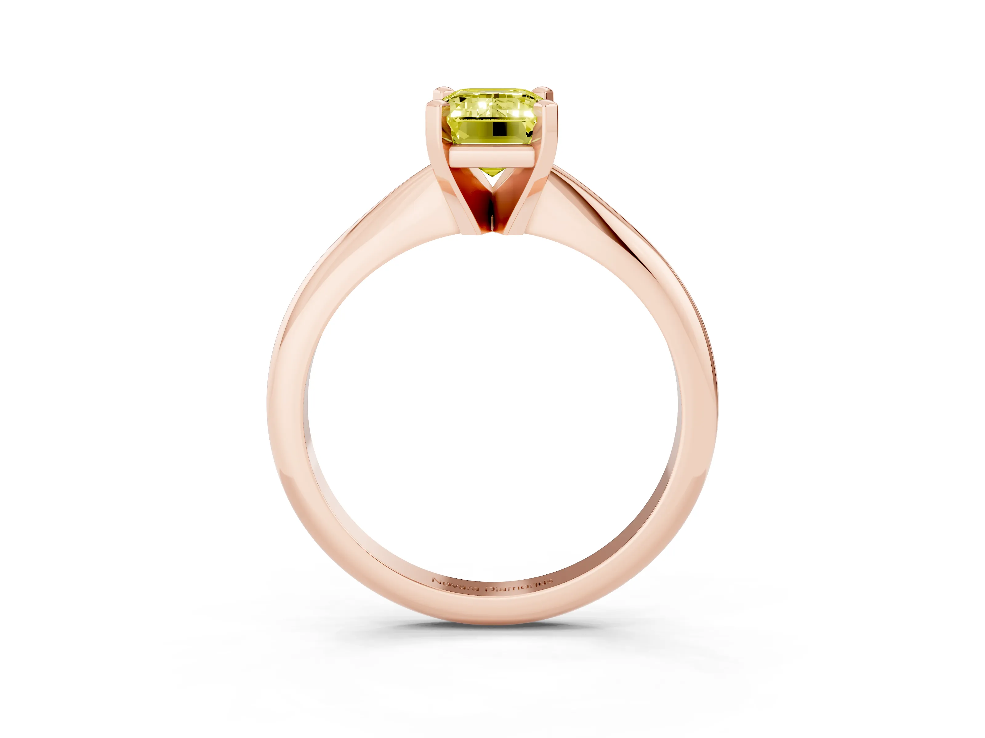 Fancy Yellow Emerald Cut Diamond Solitaire Ring Set in Rose gold with Prong Setting on a Plain Round Band