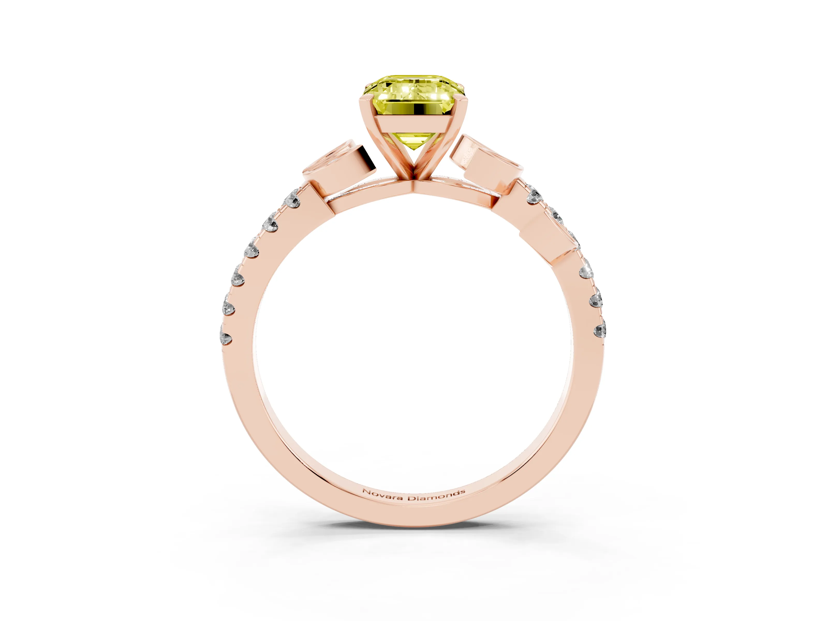 Fancy Yellow Emerald Cut Diamond Solitaire Leaf-Inspired Ring Set in Rose gold with Pavé Band and Prong Setting