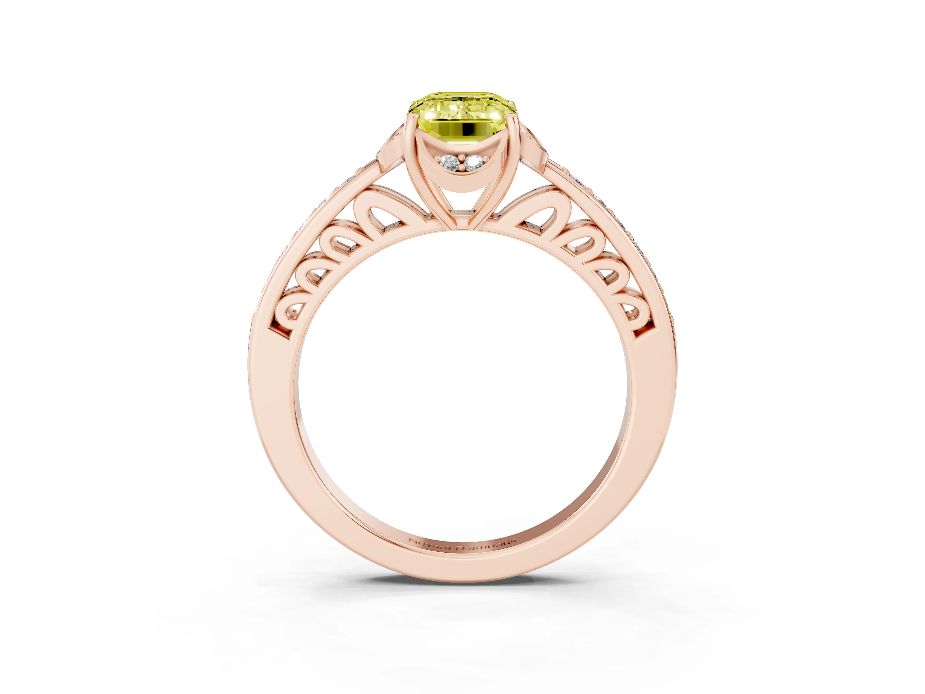 Fancy Yellow Emerald Cut Diamond Halo Ring Set in Rose gold with Channel Set Band and Prong Setting