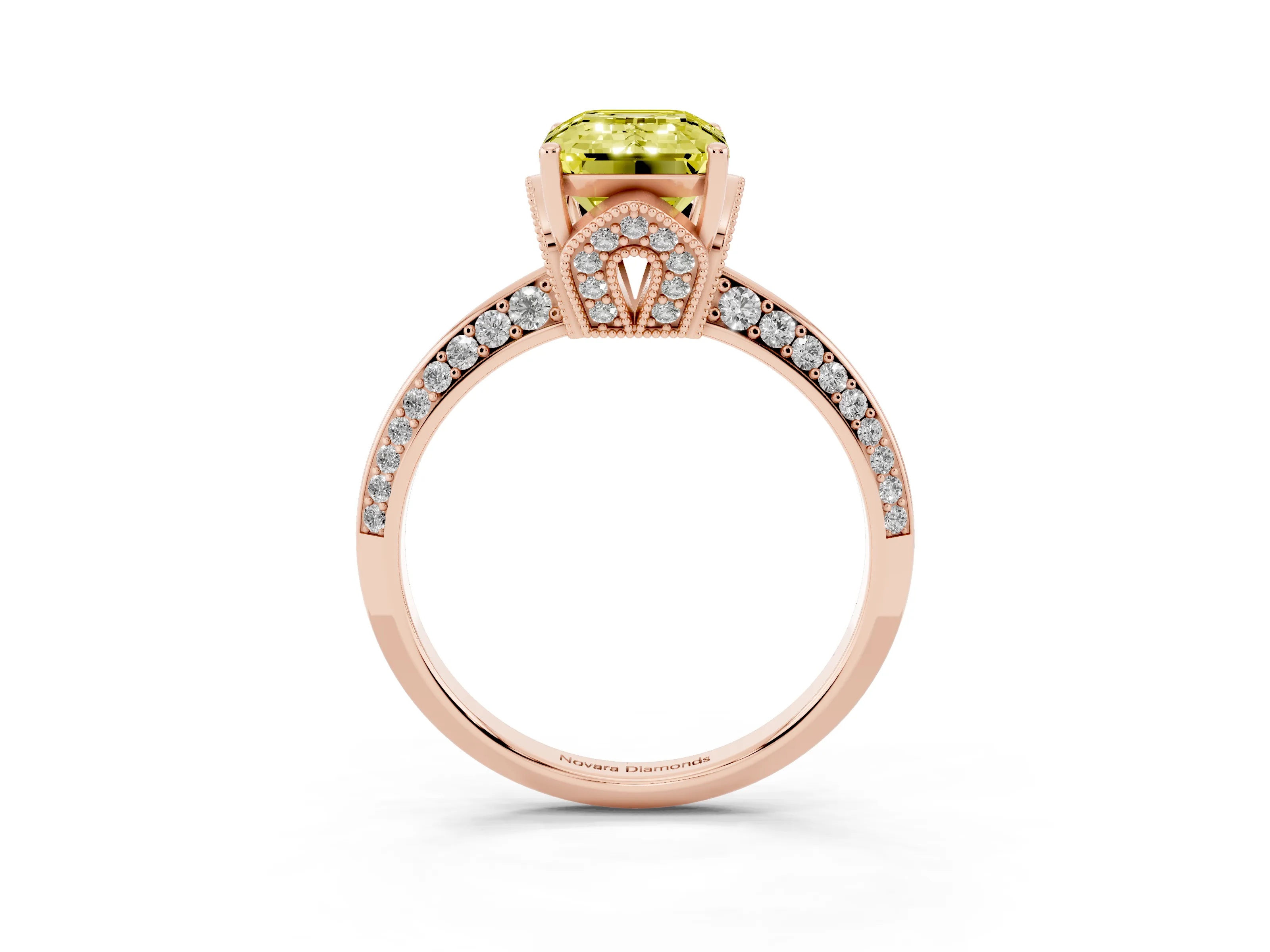 Fancy Yellow Emerald Cut Diamond Solitaire Engagement Ring Set in Rose gold with Pavé Split Shank and Prong Setting