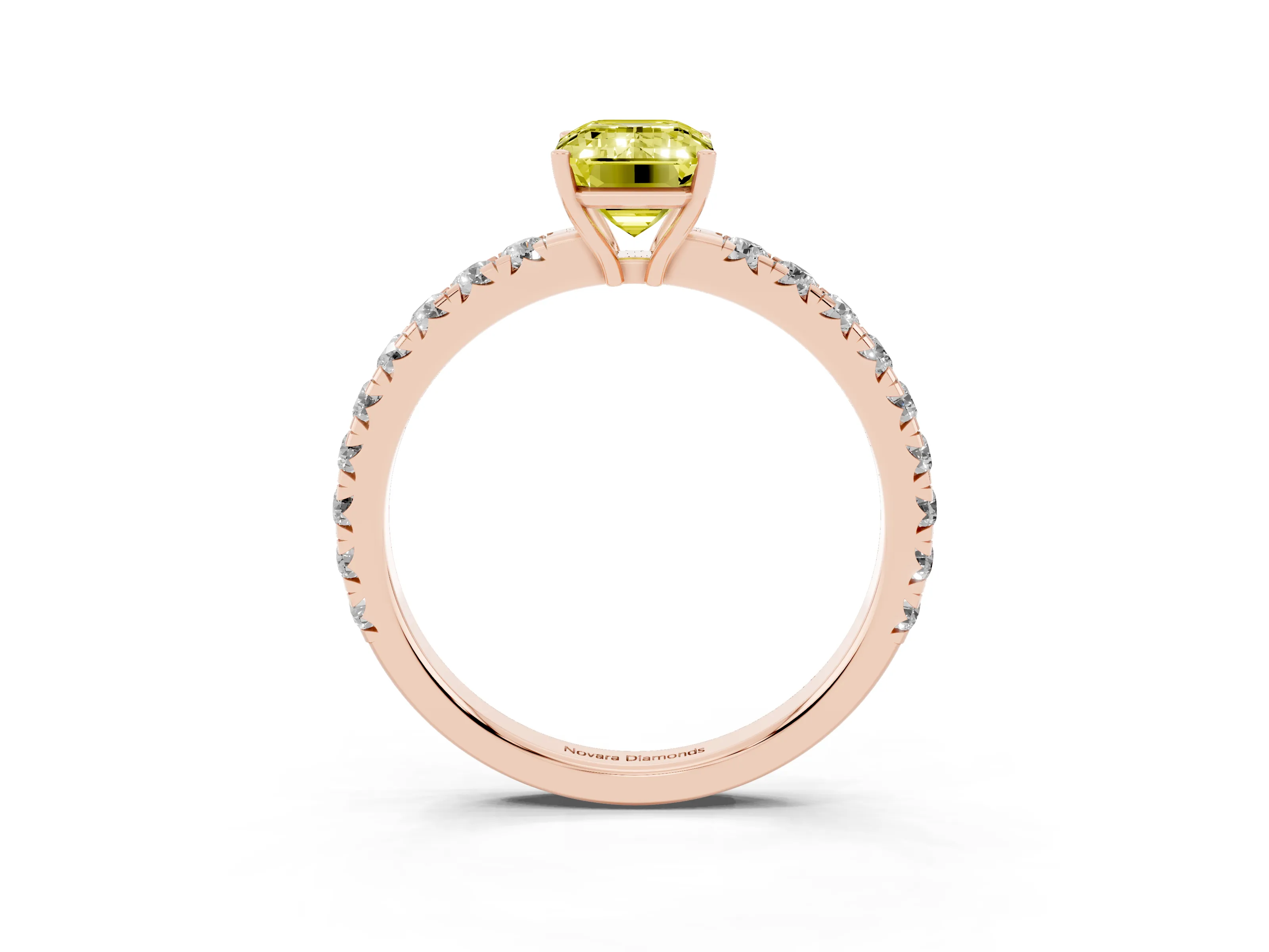 Fancy Yellow Emerald Cut Diamond Pavé Solitaire Engagement Ring Set in Rose gold with Prong Setting